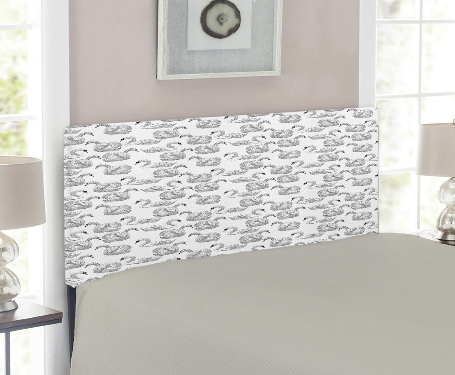 Ambesonne Swan Headboard - Sketch Art Pattern of Elegant Swimming Waterfowls, Upholstered Metal Bed Frame with Memory Foam, Twin Size Black & White - Perfect for Romantic Bedroom Decor & Guest Room Design