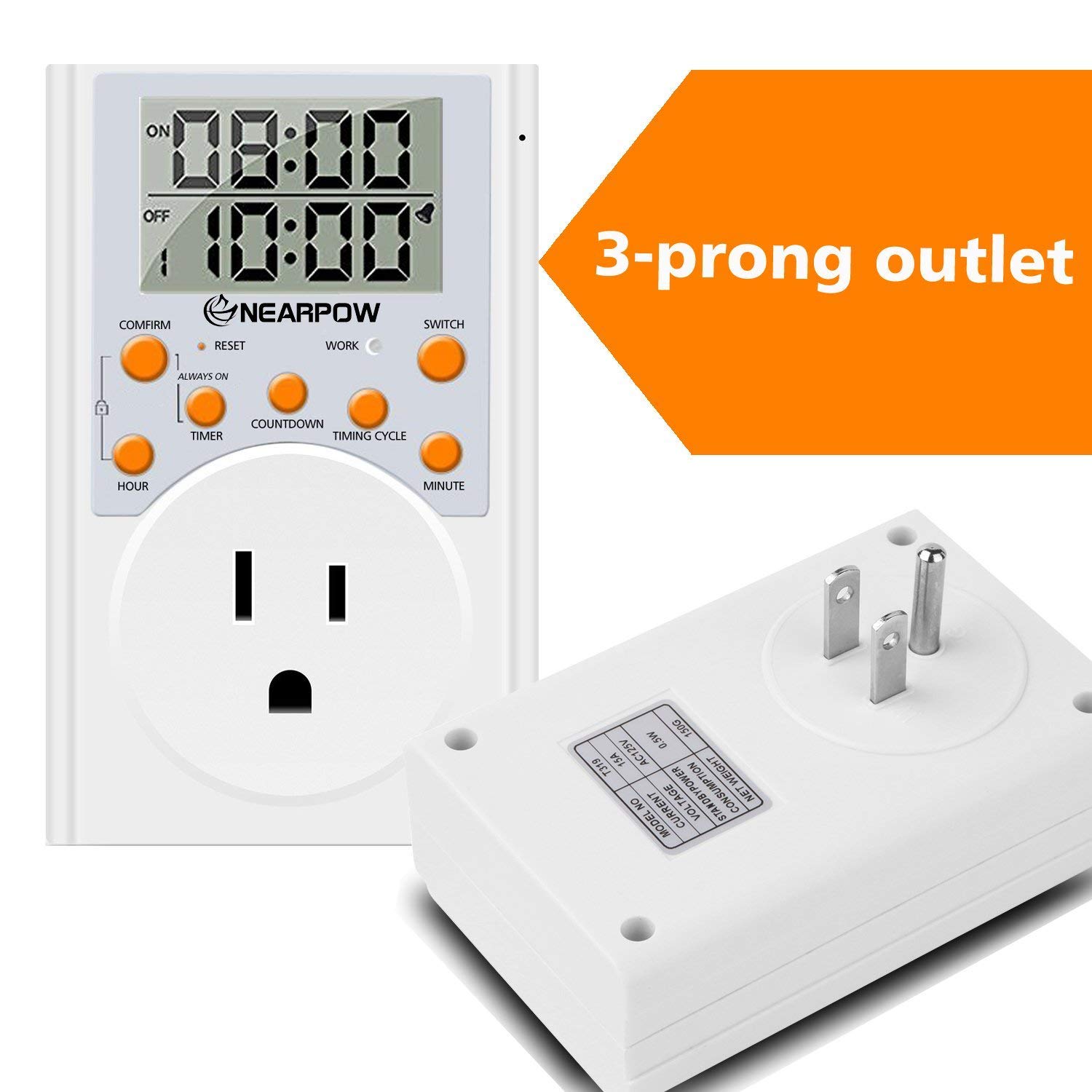 Nearpow Programmable Digital Timer Switch - 15A/1800W 3-Prong Outlet with Infinite Cycle Setting for Appliances | Energy Saving Electrical Timer for Home, Christmas Lights & Aquarium | Perfect for Scheduling Lamps, Fans & Holiday Decorations