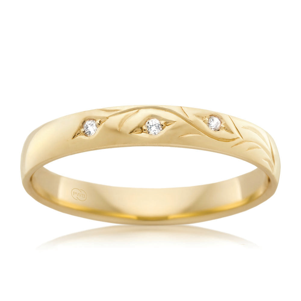 9ct Yellow Gold 3mm High Half Round Diamond Ring with 3 Diamonds - Size O - Elegant Wedding Band, Anniversary Gift for Her, Perfect for Special Occasions
