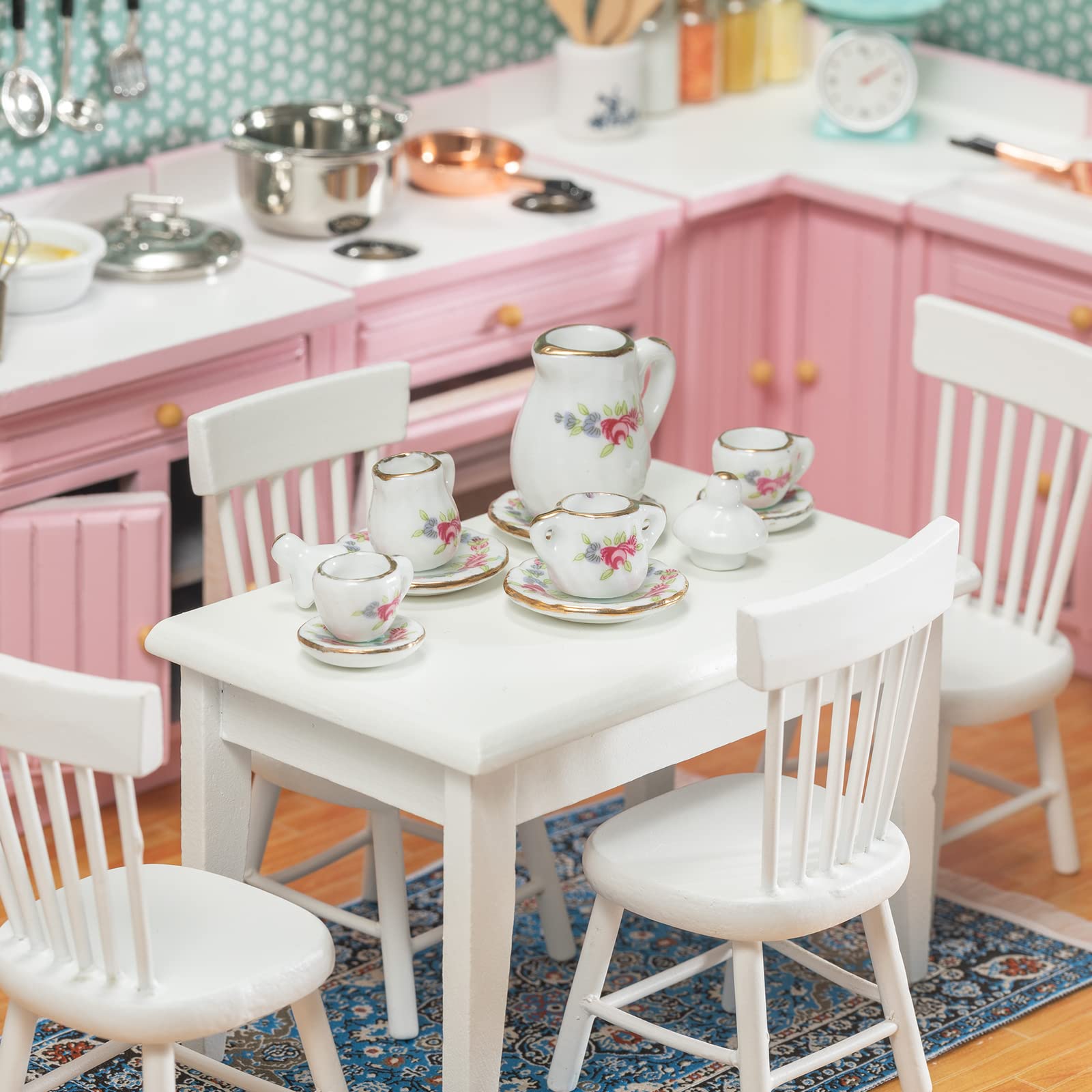 1:12 Scale SAMCAMI Miniature Dollhouse Furniture Set - Wooden Kitchen & Dining Room Accessories with Table, Chairs, Tea Set & Carpet (White) | Perfect for Dollhouse Decor, Collectors & Creative Play