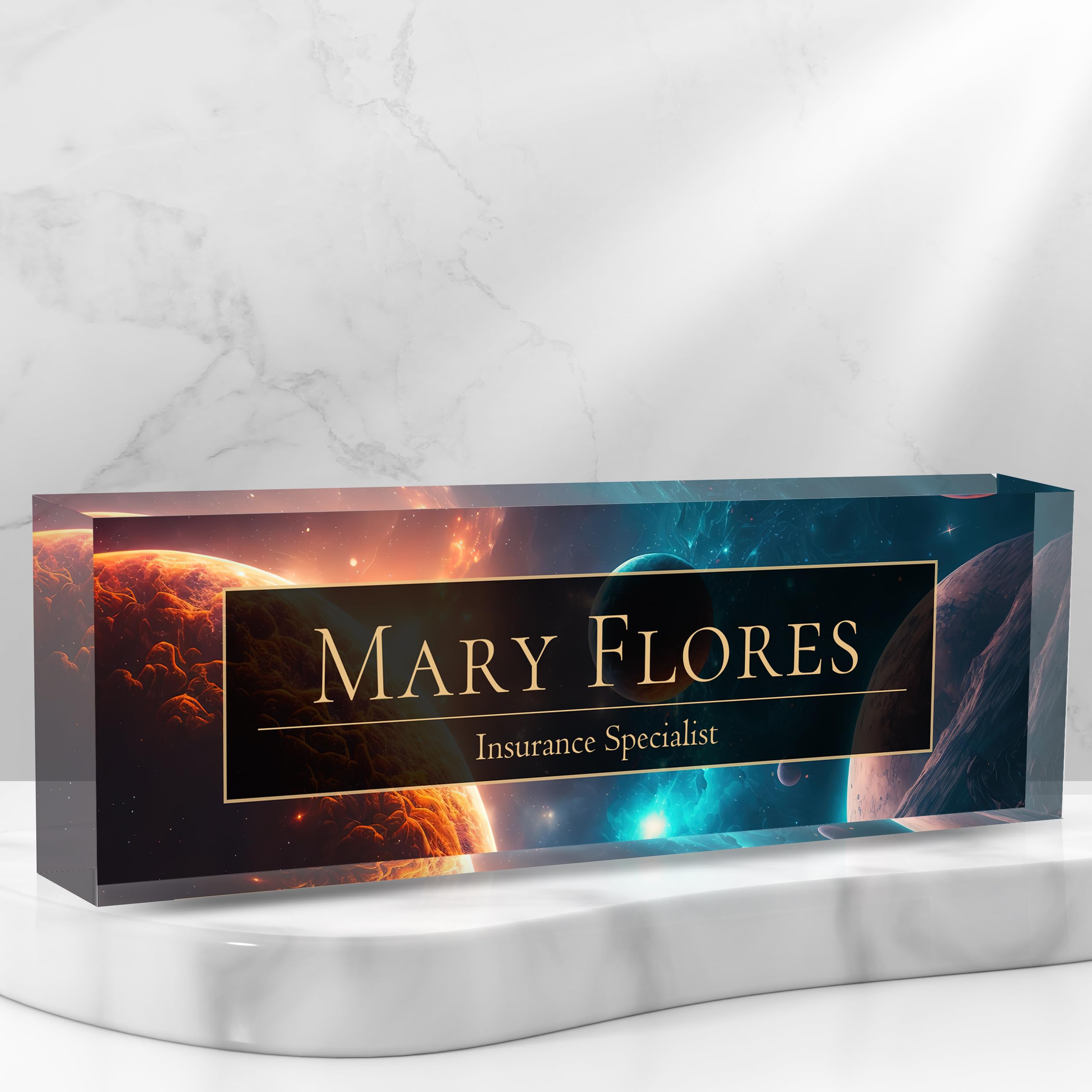 Custom Acrylic Desk Name Plate - Personalized Office Name Sign for Women & Men - Employee Appreciation Gift for Boss, Manager, Teacher, Nurse - Elegant Desk Decor for Office, Home, or Workspace (Planet Design)