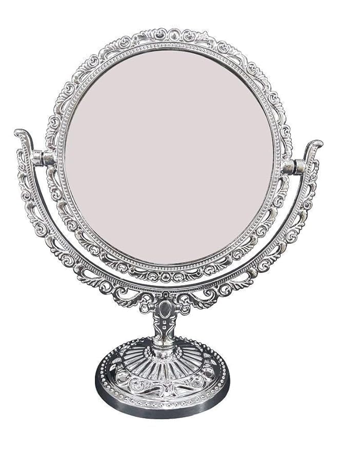 Silver Round Hand Mirror with Stand for Women & Girls | Portable Makeup Mirror for Vanity, Travel & Dressing Room | Perfect for Home, Salon & Gift