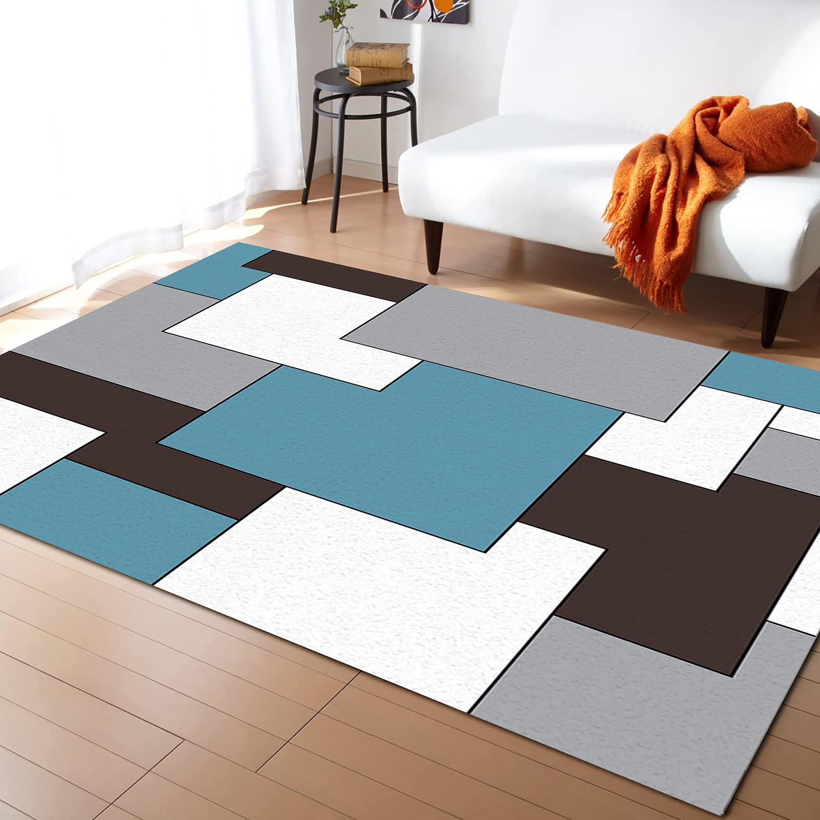 4'x6' Non-Shedding Boho Area Rug - Blue White Grey Abstract Geometric Pattern Indoor Outdoor Rug for Living Room, Bedroom, Kitchen & Bathroom Decor | Perfect for Mid-Century Modern Homes & Bohemian Style Spaces