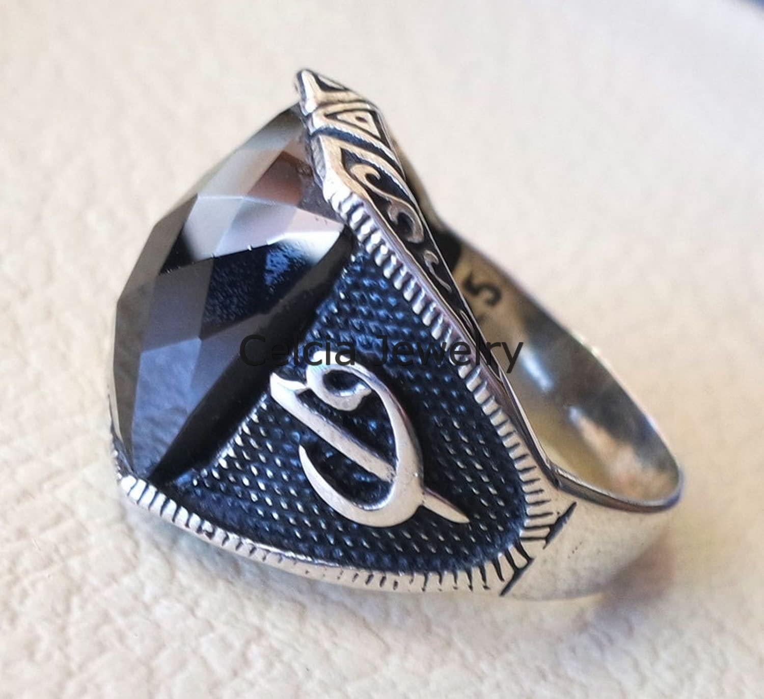 Natural Black Onyx Gemstone Checker Rectangle Ring - 925 Sterling Silver Middle Eastern Oriental Style Signet Statement Ring - Silver Oxidized Jewelry for Men & Women - Perfect for Weddings, Parties & Gifts (Size 8.5)