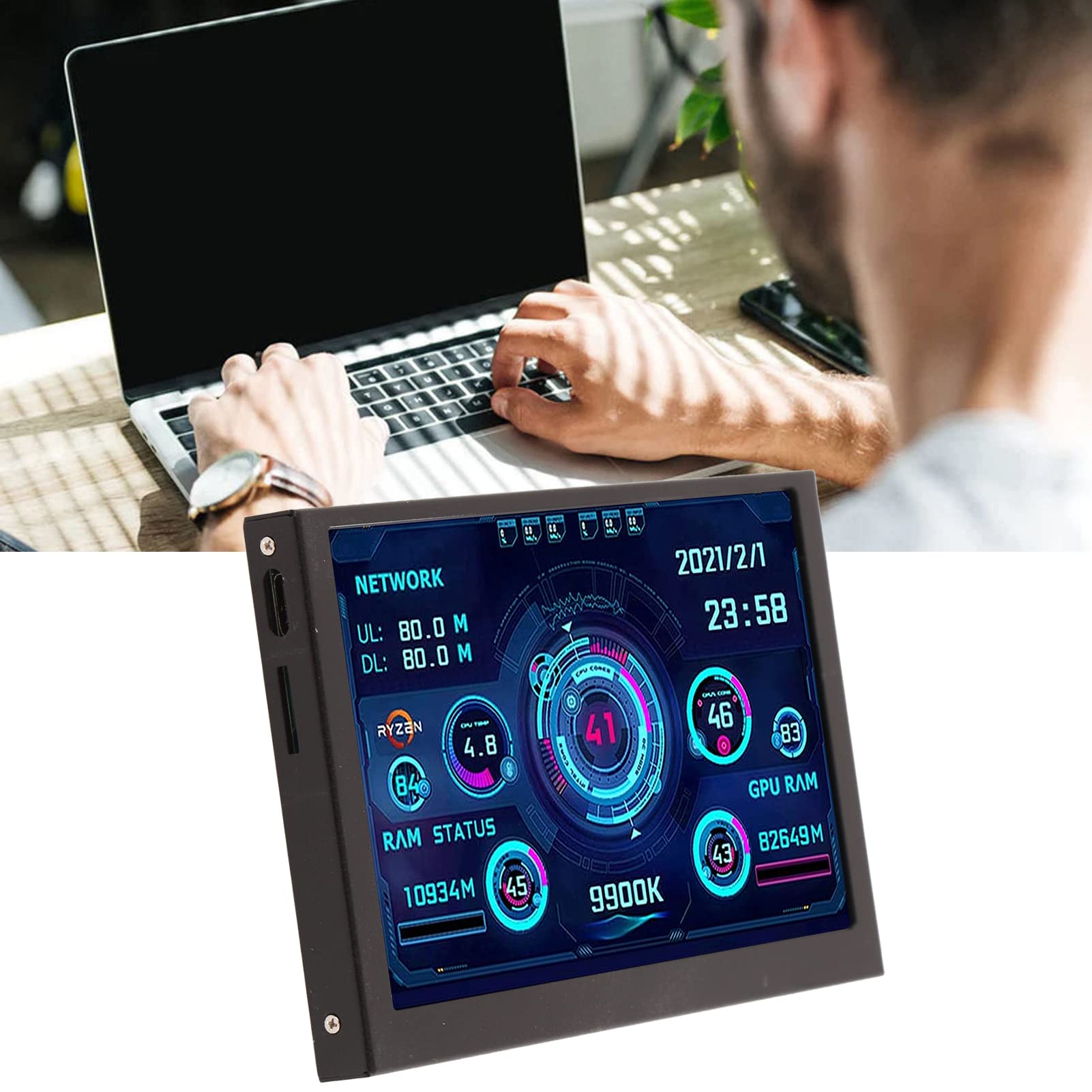 PUSOKEI 5 Inch IPS Mini USB Monitor - Full View Angle CPU GPU RAM Temperature Data Display with USB C & Hub for PC - Perfect for Gaming, Streaming & System Monitoring