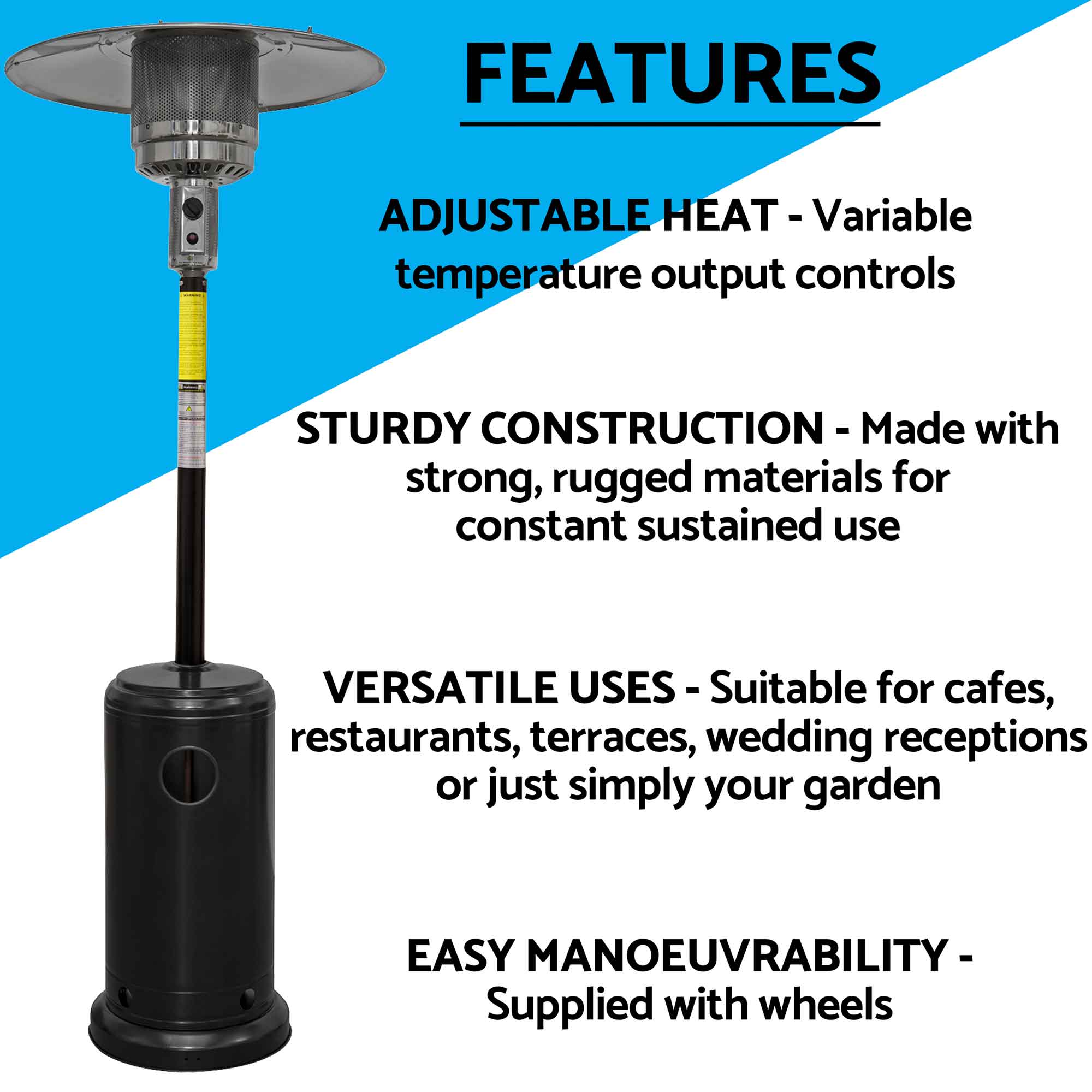 13kW Freestanding Outdoor Gas Patio Heater with Wheels & Weatherproof Cover - Commercial & Home Use - Black (DG220) - Perfect for Restaurants, Backyards & Outdoor Events