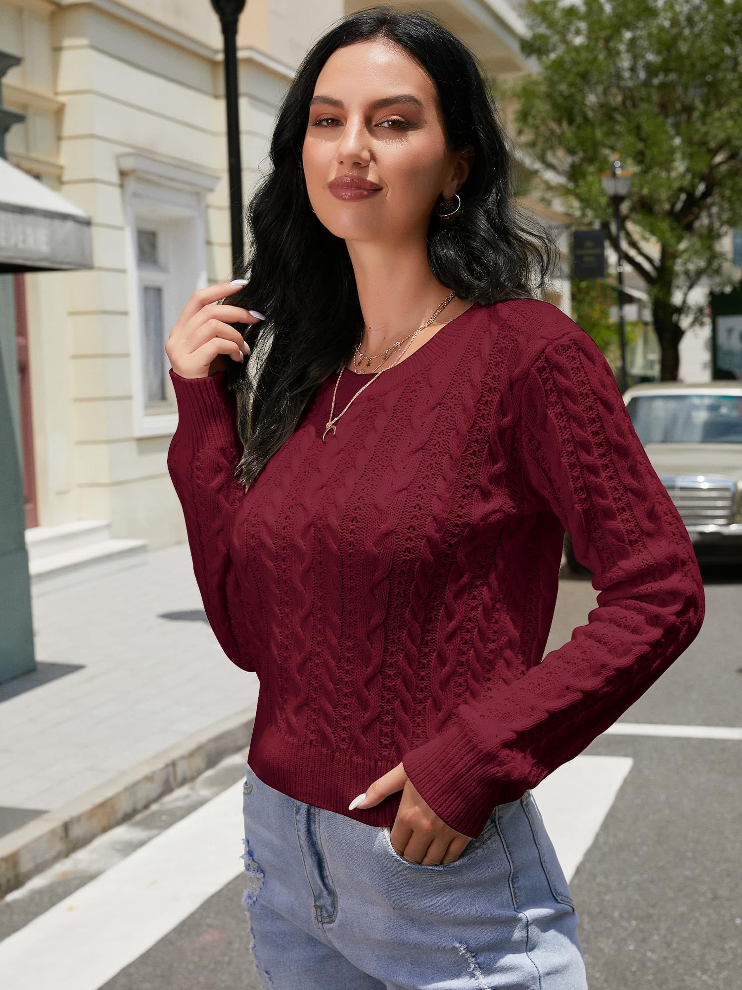ZAFUL Women's Cable Knit Cropped Sweater - Long Sleeve Crewneck Pullover Jumper Top for Fall & Winter | Casual Outfits, Office Wear, Date Night Looks