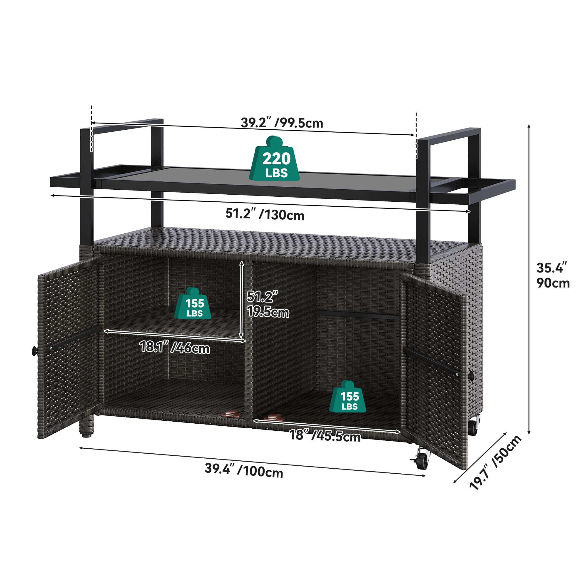 YITAHOME XL Outdoor Storage Cabinet with Wheels & Black Glass Top - Waterproof Patio Furniture for Poolside, Backyard, Garden - Dark Brown Storage Cart for Organizing Cushions, Towels & Outdoor Accessories