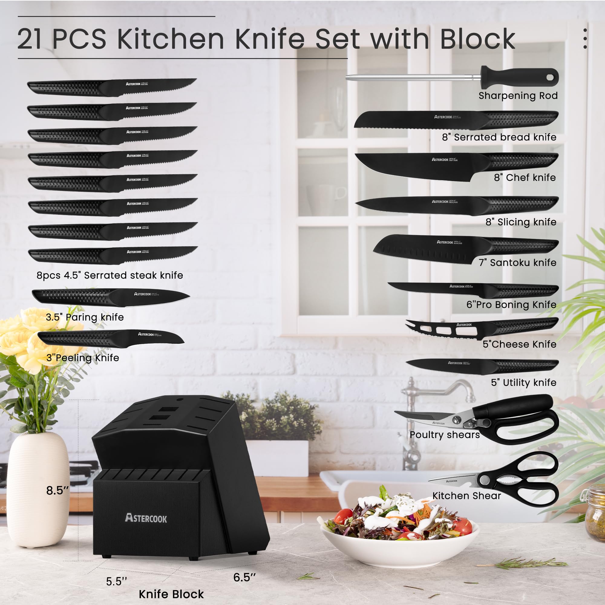 Astercook 21-Piece German Stainless Steel Chef Knife Set with Wooden Block - Professional Kitchen Knives for Cooking, Slicing & Chopping - Dishwasher Safe Black Knife Set for Home Chefs & Culinary Enthusiasts