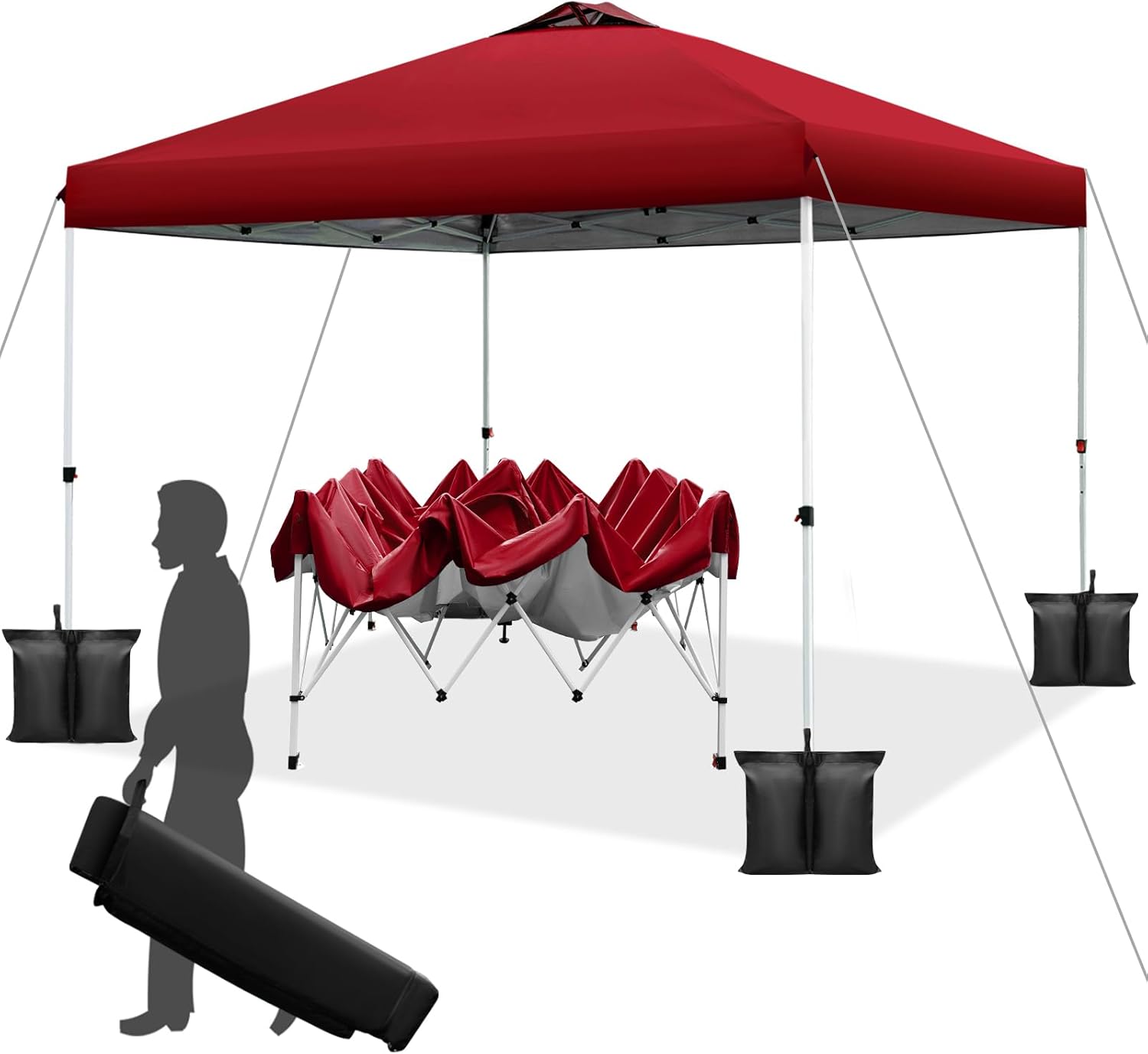 WEIZE 10x10 Pop Up Canopy Tent - Instant One Button Setup, Adjustable Height Gazebo with 4 Weight Bags | Portable Shelter for Outdoor Events, Camping, Beach & Backyard Parties | Silver Coated Top & Red Frame Sun Shade Protection
