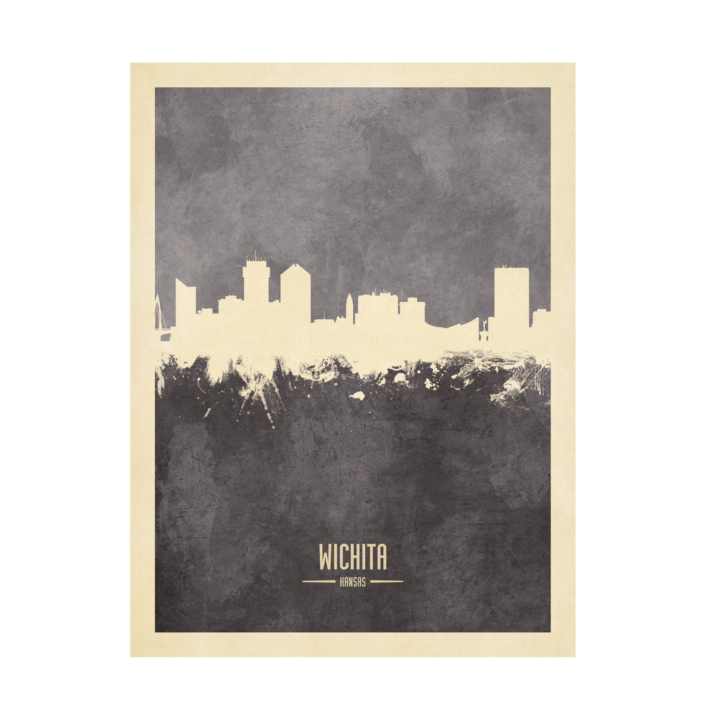 Michael Tompsett 'Wichita Kansas Skyline Gray' Canvas Wall Art Print - Modern Cityscape Home Decor for Living Room, Office & Bedroom
