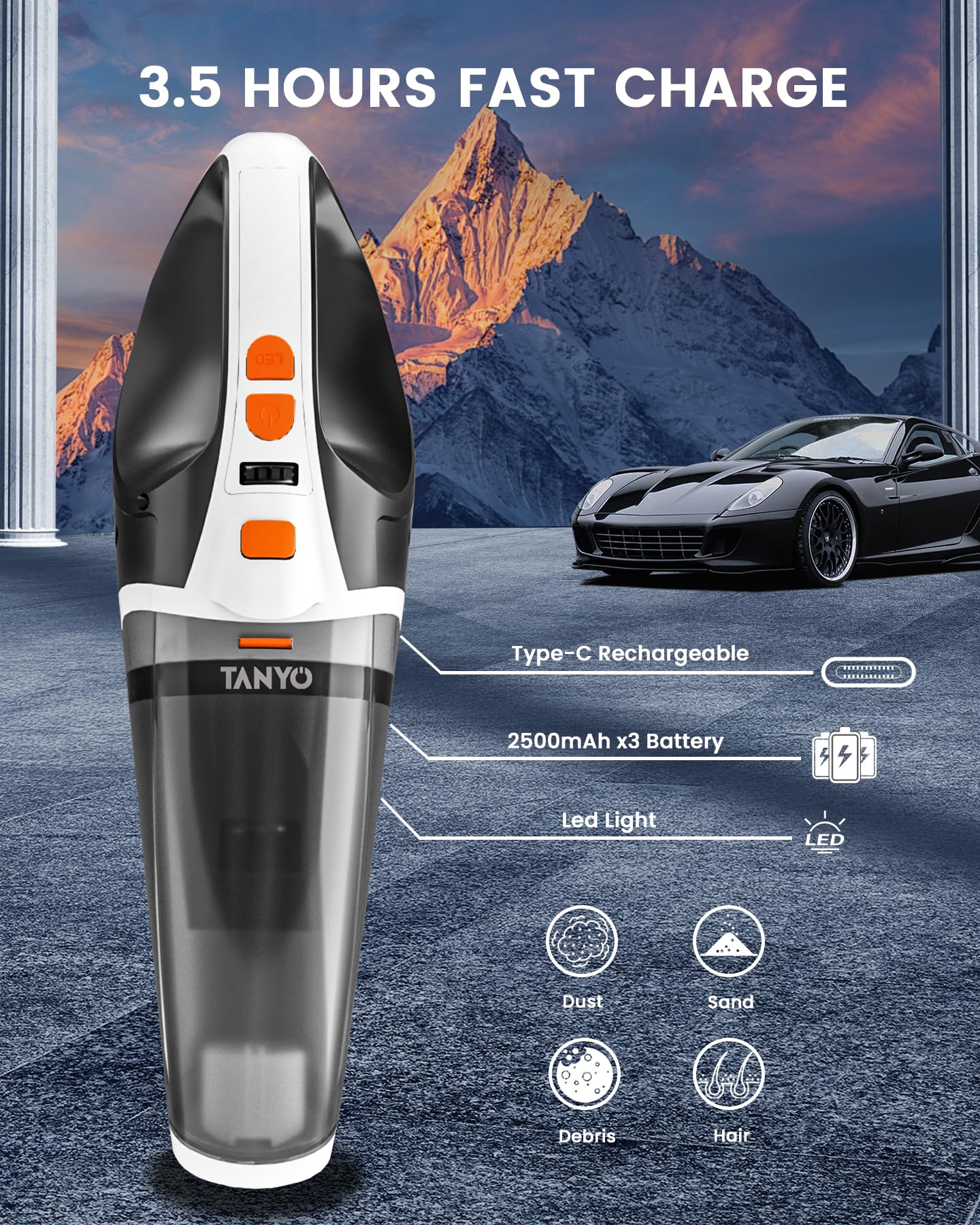 TANYO Cordless Handheld Vacuum Cleaner - 15KPA Strong Suction, Rechargeable, 5-in-1 Brushless Motor with LED Light, 120W Portable Car Vacuum for Pet Hair, Dust, Home, Office & Auto Detailing | Perfect for Car Seats, Upholstery, Stairs and Quick Cleanups