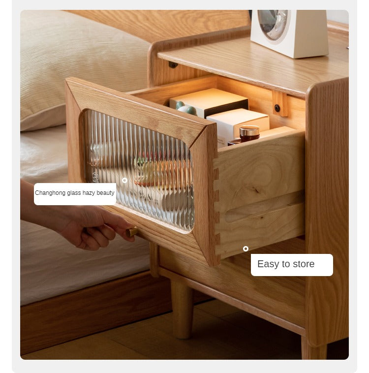 Solid Oak Wood Nightstand with Built-in LED Light - Modern Bedside Table for Bedroom, Living Room, or Office