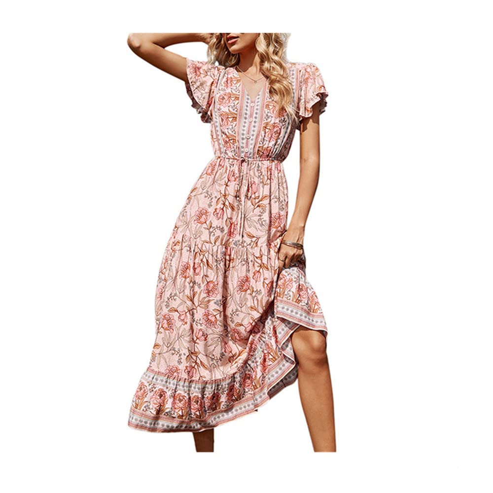 YBNGUAA Women's Flowy Summer Dress - Long Ruffles, Short Sleeve V-Neck Floral Drawstring Dress for Beach, Vacation & Casual Wear