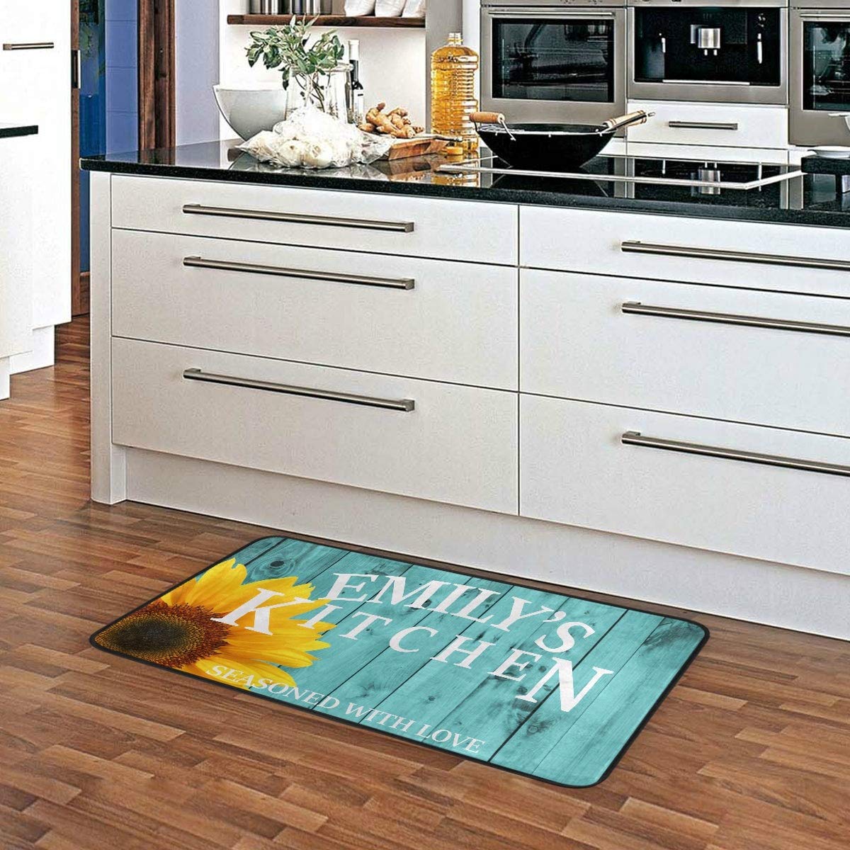 Emelivor Custom Kitchen Rug - Washable Non-Slip Anti-Fatigue Floor Mat with Teal Sunflower Design, Personalized Home Decor for Kitchen, Dining Room & Entryway - Perfect Gift for Housewarming & Holidays