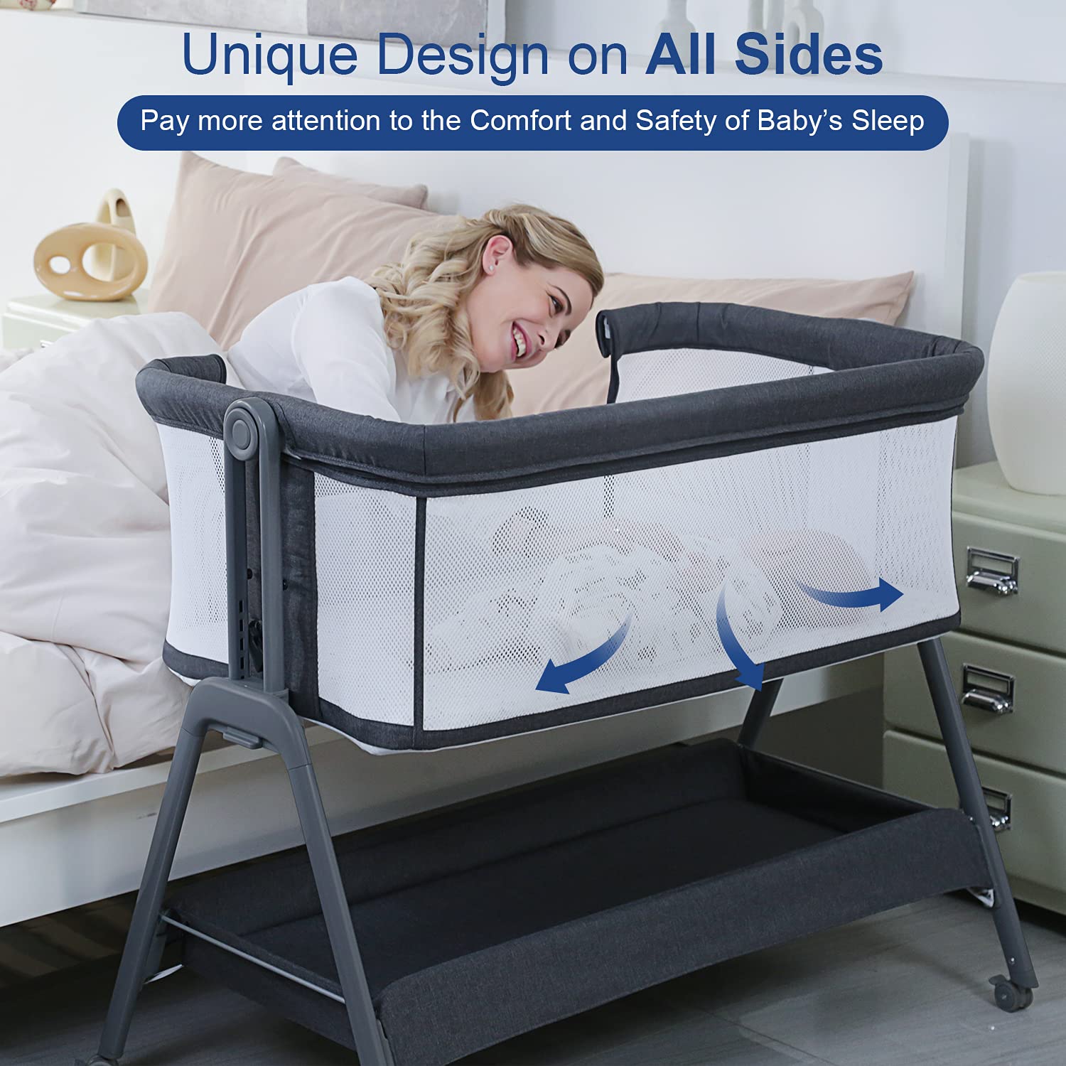 **ANGELBLISS Baby Bassinet Bedside Crib with Storage Basket & Wheels - Adjustable Height, Portable & Foldable Newborn Sleeper for Nursery, Travel & Co-Sleeping**