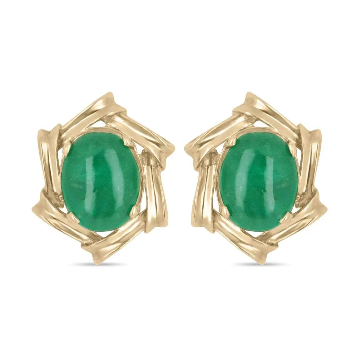 6.80tcw Natural Dark Green Emerald Oval Cut Cabochon 14K Gold Victorian Handmade Earrings for Women - Elegant Vintage Jewelry Gift for Bridal, Party & Special Occasions