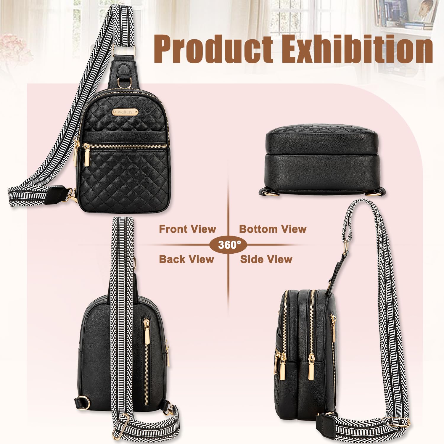 Stylish Weitars Leather Crossbody Sling Bag for Women - Fashionable Fanny Pack Waist Bag with Adjustable Strap for Travel, Sports & Daily Use (Black) - Perfect for Gym, Running, Shopping & Outdoor Activities