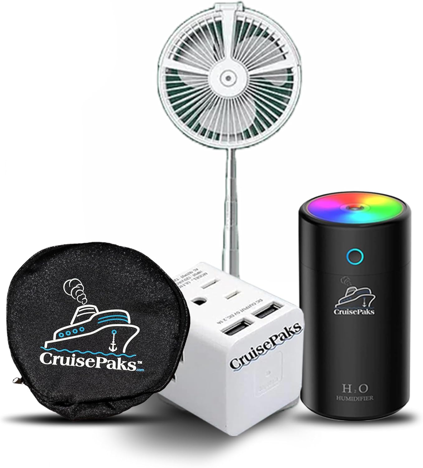 Travel Essentials Bundle - Mini Humidifier (Black/White), Wall Multi Plug & Portable Fan with Carrying Bag | Perfect for Cruise Vacations, Road Trips & Hotel Stays
