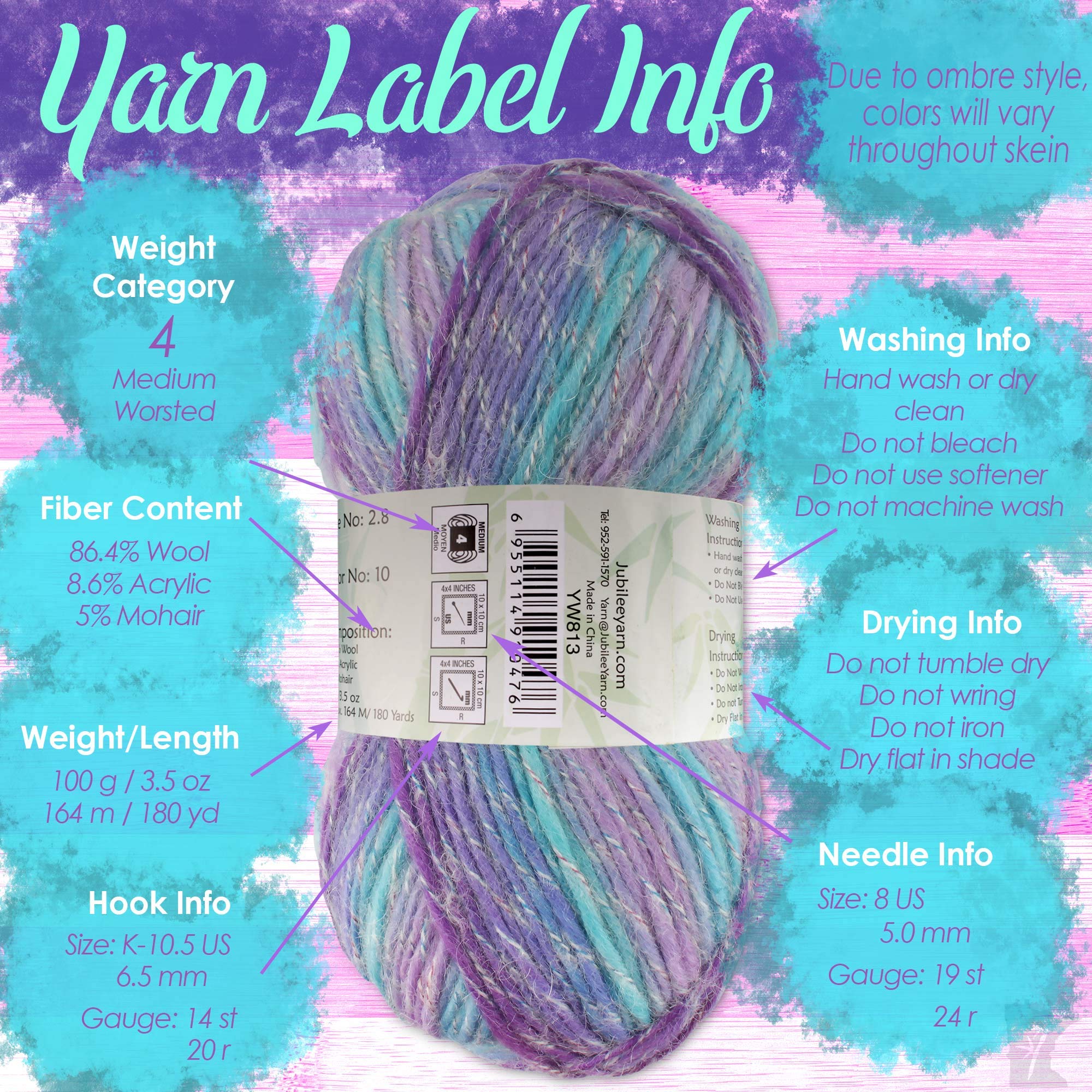 JubileeYarn Wool Mohair Yarn - Ombré Worsted Weight Yarn - 100g/Skein (2 Skeins) - Easter Egg Color - Perfect for Knitting Sweaters, Scarves & Winter Accessories