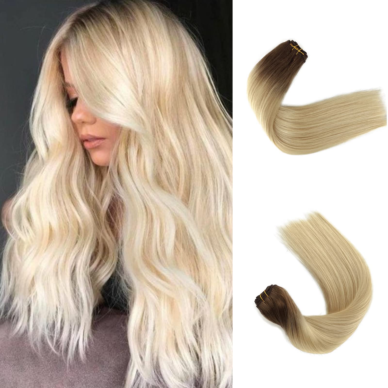 16 Inch 100g Brazilian Virgin Remy Hair Extensions - Ash Brown with Platinum Blonde Highlights | Sew-in Human Hair Weft Bundles for Women | Perfect for Daily Styling, Special Occasions & Salon Use