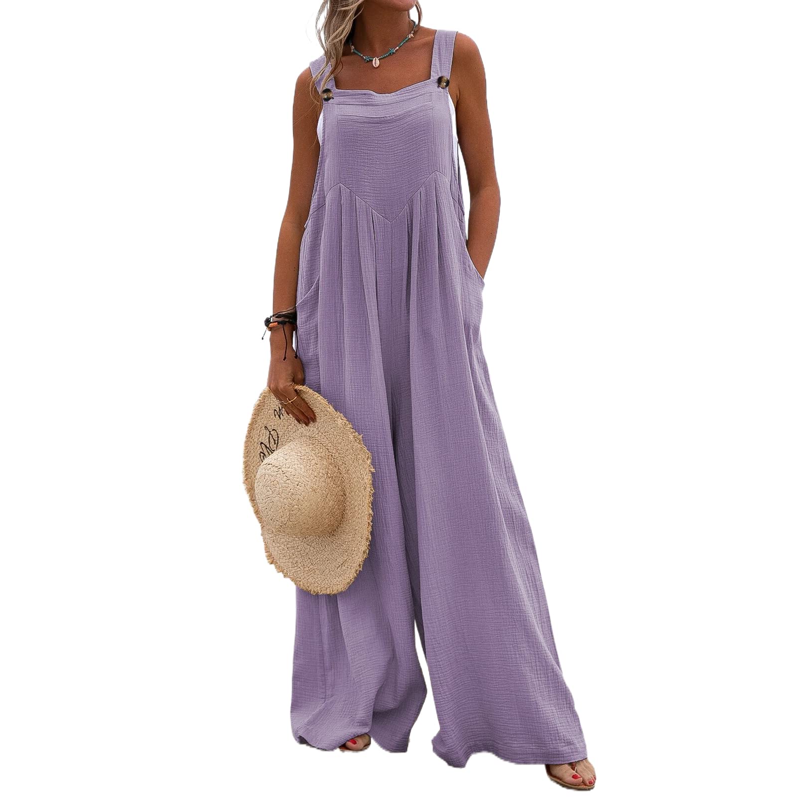 Women's Plus Size Casual Overalls Jumpsuit - Solid Color Baggy Pants with Pockets, Long Bib & Wide Leg Design | Perfect for Work, Outdoor Activities & Everyday Wear