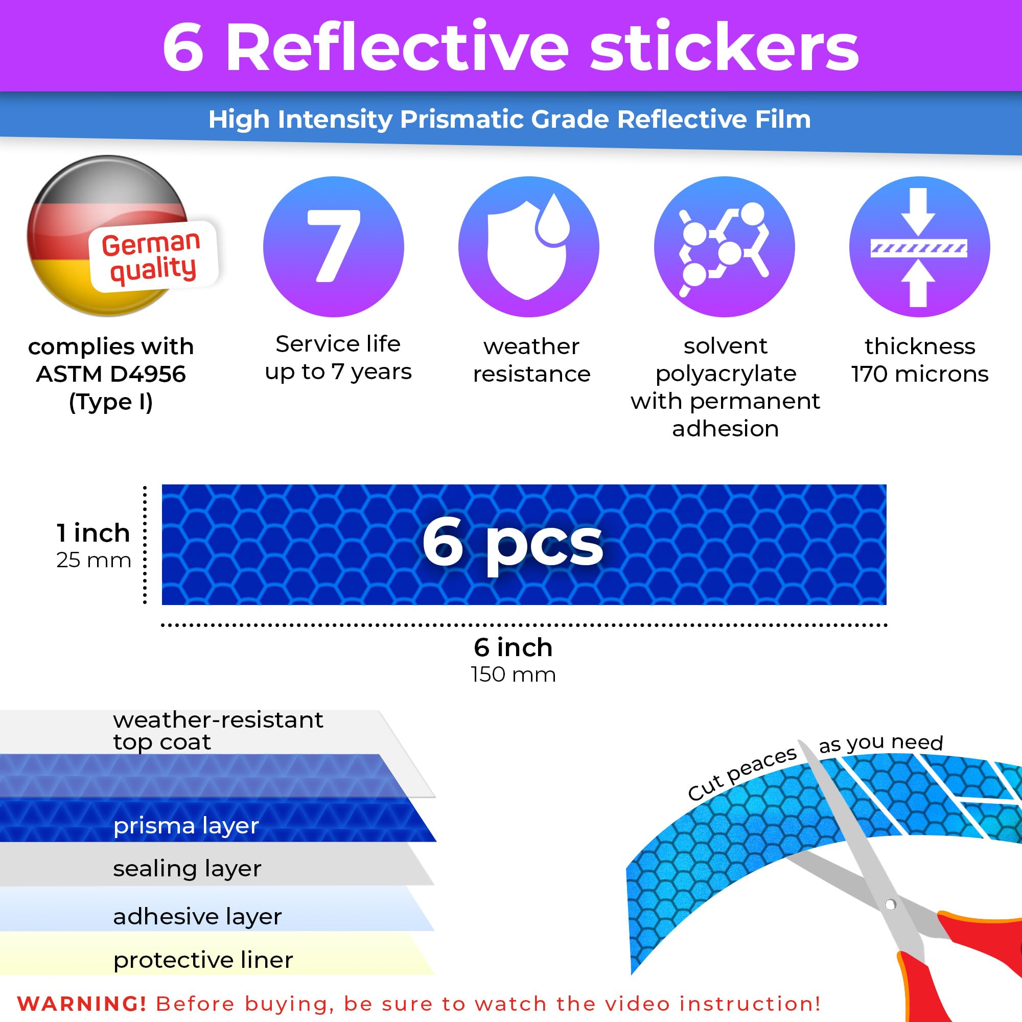 LOOM Reflective Stickers Kit - 6pcs Prism Blue Waterproof Self-Adhesive Safety Decals for Helmets, Bikes, Scooters, E-bikes & Motorcycles - High Visibility Nighttime Cycling & Outdoor Activities Safety Gear