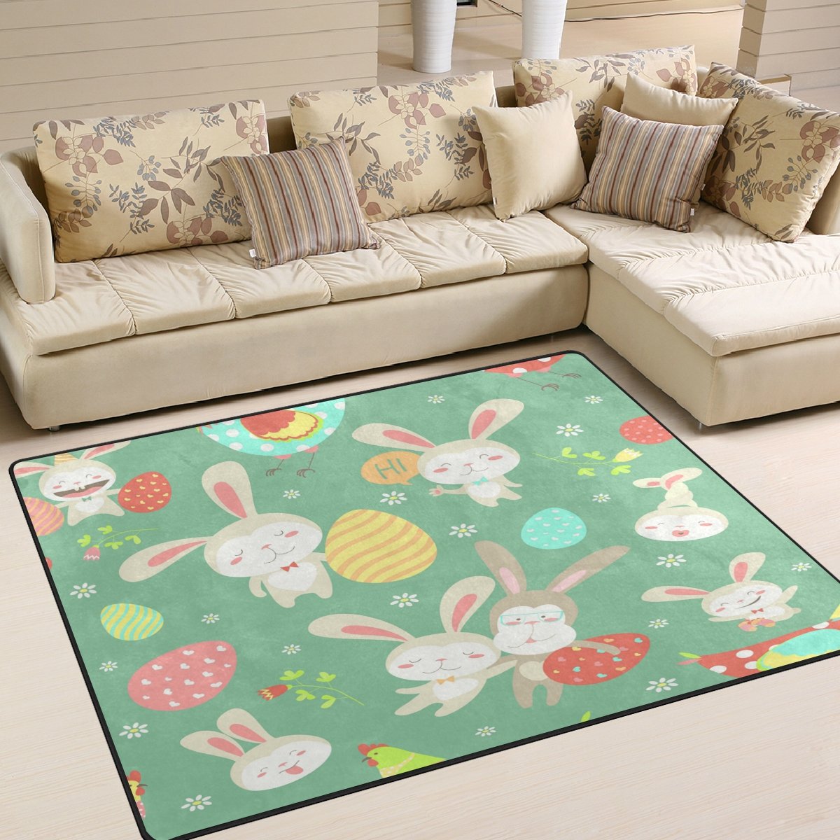 Vintage Cartoon Rabbit Easter Egg Area Rug - 5'3
