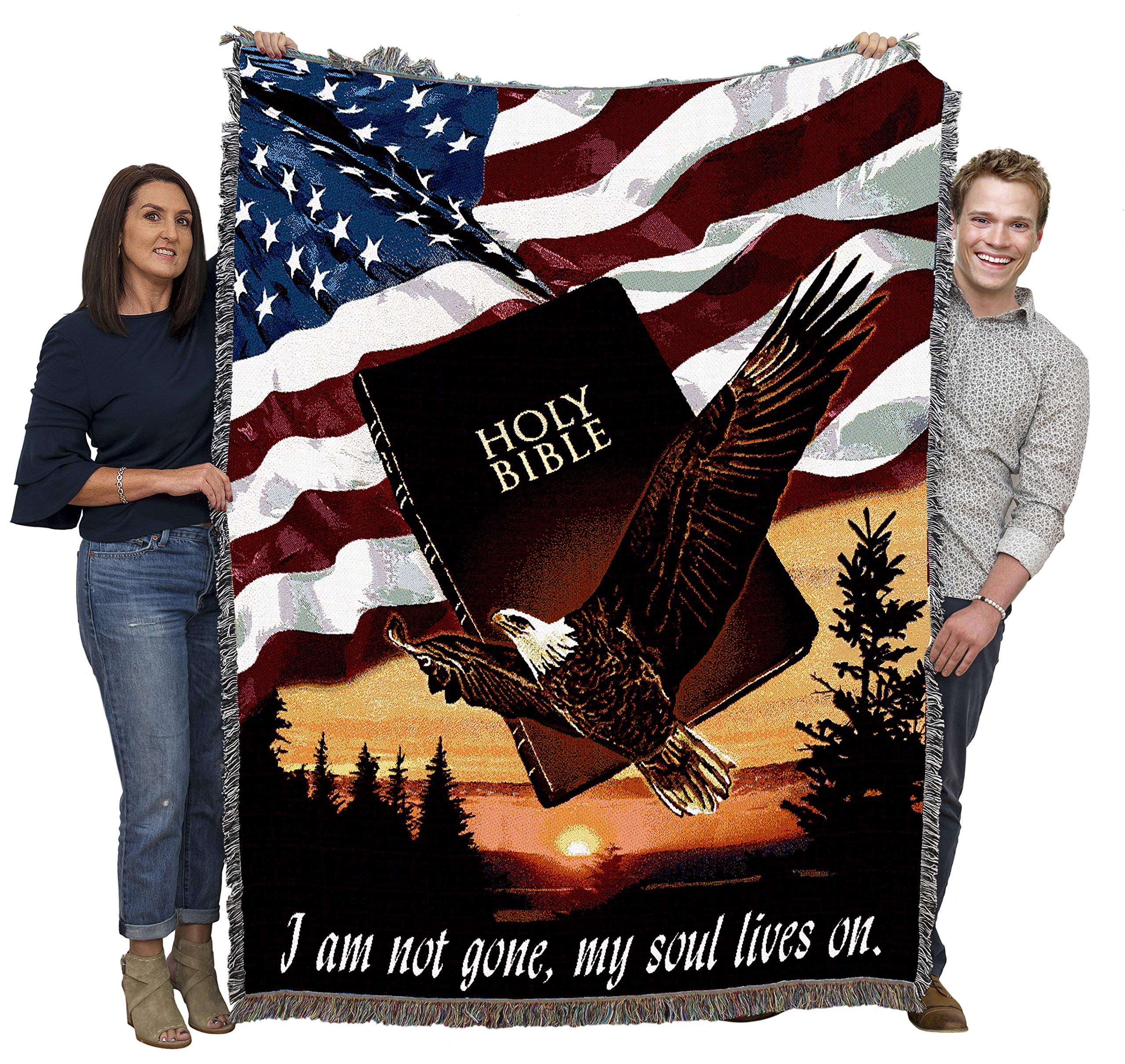 Pure Country Weavers 'I Am Not Gone My Soul Lives On' Memorial Blanket - Bible & Eagle Flag Sympathy Gift, Cotton Woven Bereavement Throw - Made in USA (72x54) - Perfect for Comforting Loved Ones, Funeral Services & Home Memorial Displays