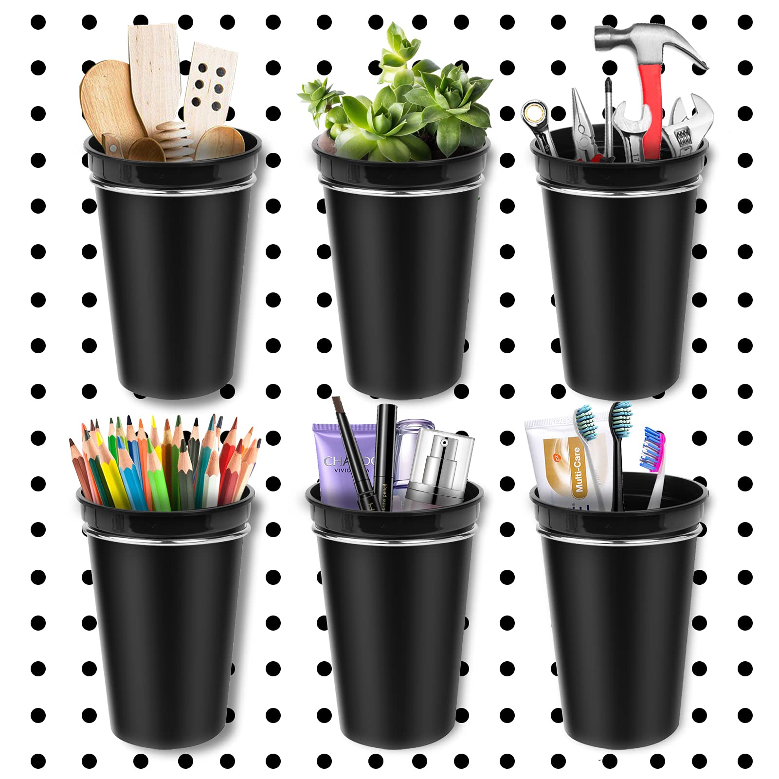 6 Sets Pegboard Bins with Rings - Pegboard Hooks & Cup Holders for Organizing Accessories, Pencils, Craft Tools - Perfect for Workshop, Garage & Craft Room Organization (Black, 2021)