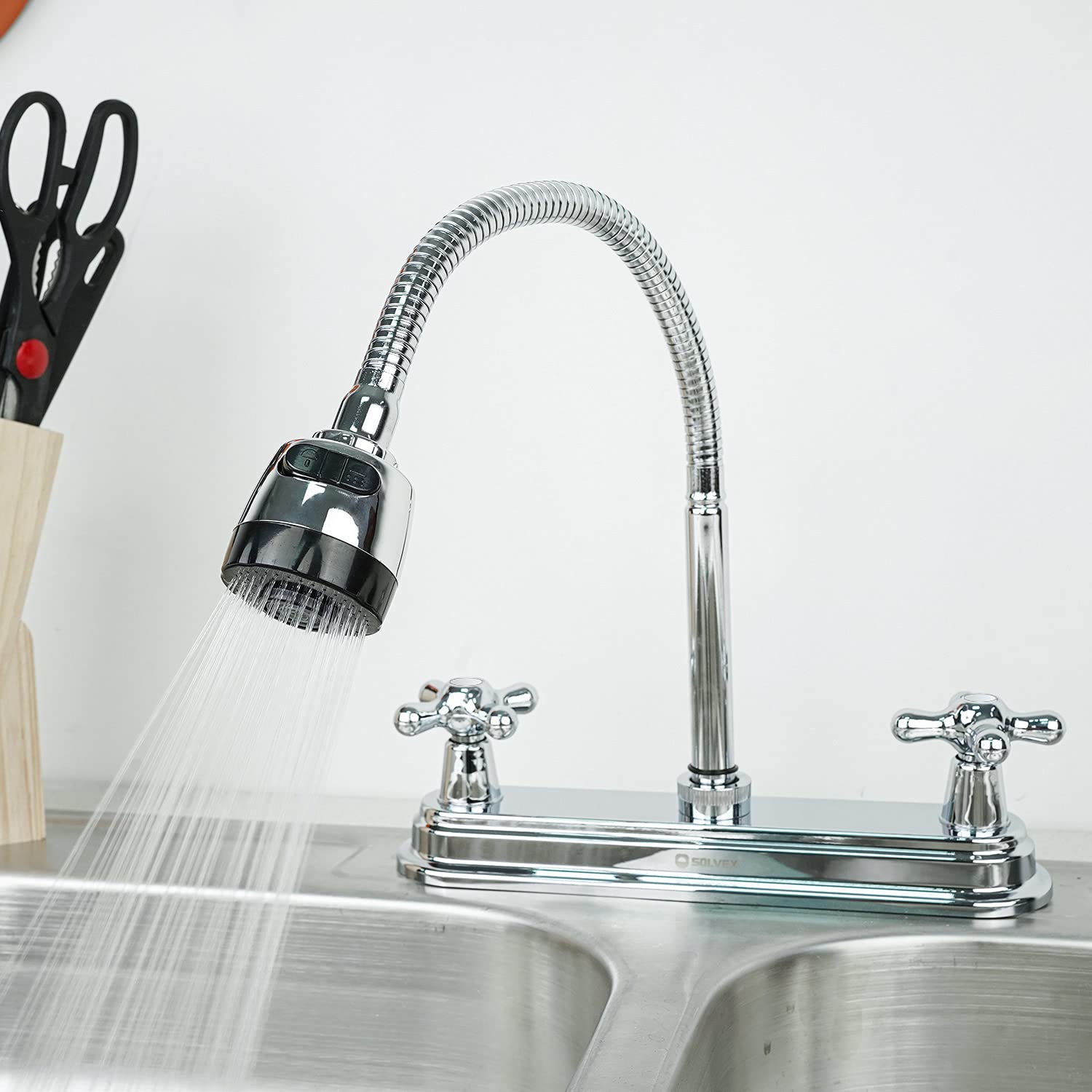 SOLVEX 2 Handle Commercial Kitchen Sink Faucet - High Arc 360° Swivel Stainless Steel 3 Hole Faucet with Flexible Spout, Modern Chrome Finish for Home & Restaurant Use (Model SP-80202) | Perfect for Washing Dishes, Food Prep & Heavy-Duty Cleaning