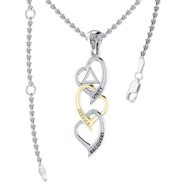 Sterling Silver Triple Heart AA Recovery Pendant with 14K Gold Accents & 18