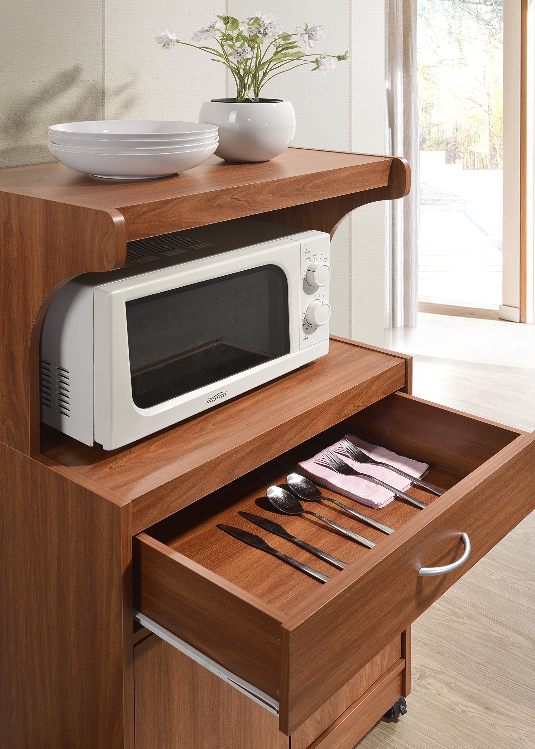 Hodedah Microwave Stand with Storage Shelf - Compact Kitchen Cart for Small Spaces, Cherry Finish - Perfect for Dorms, Apartments & Countertop Organization
