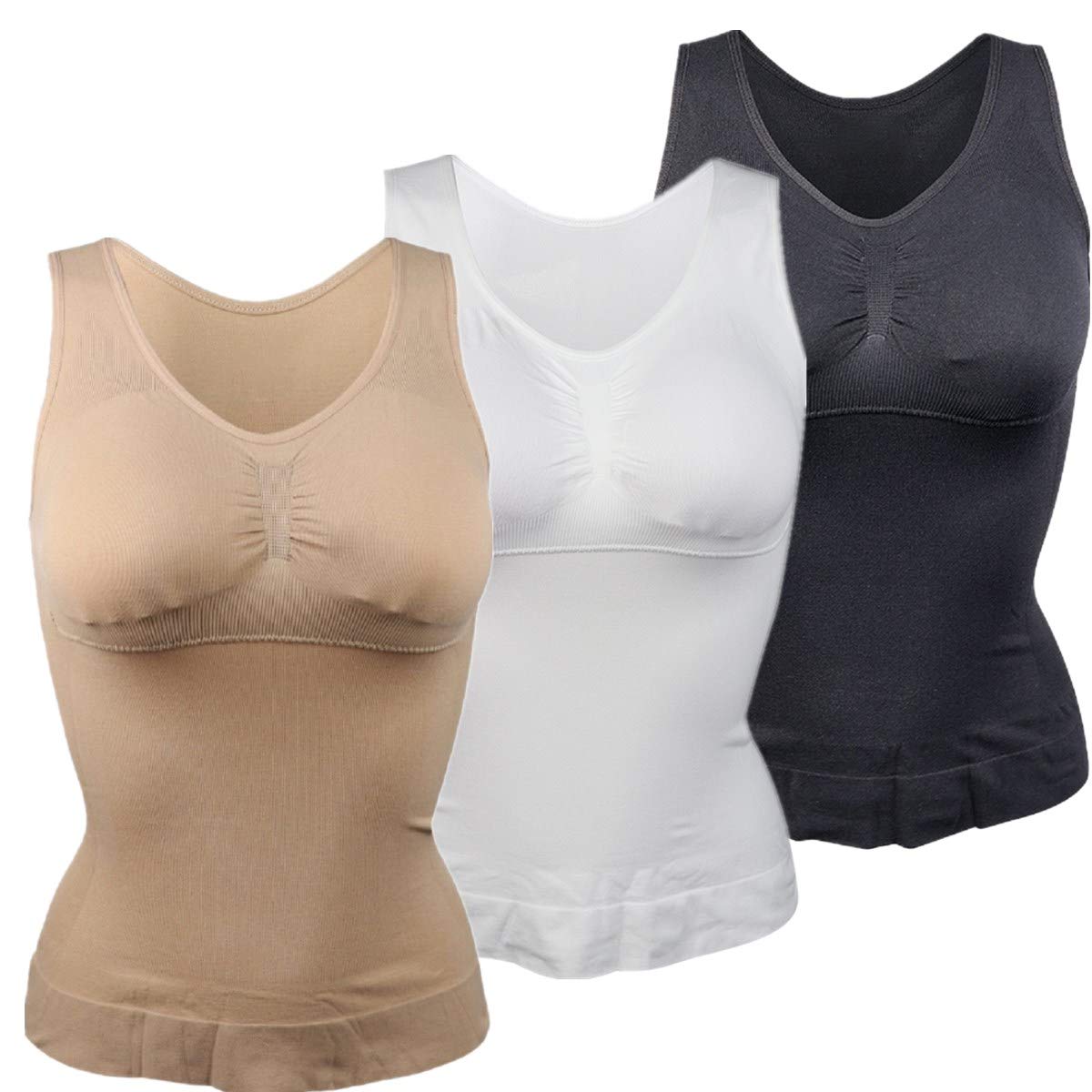 3 Pack Women's Shapewear Camisole with Built-in Removable Pads - Seamless Tummy Control Tank Top for Everyday Wear & Layering | Plus Size Friendly Shapewear for Women