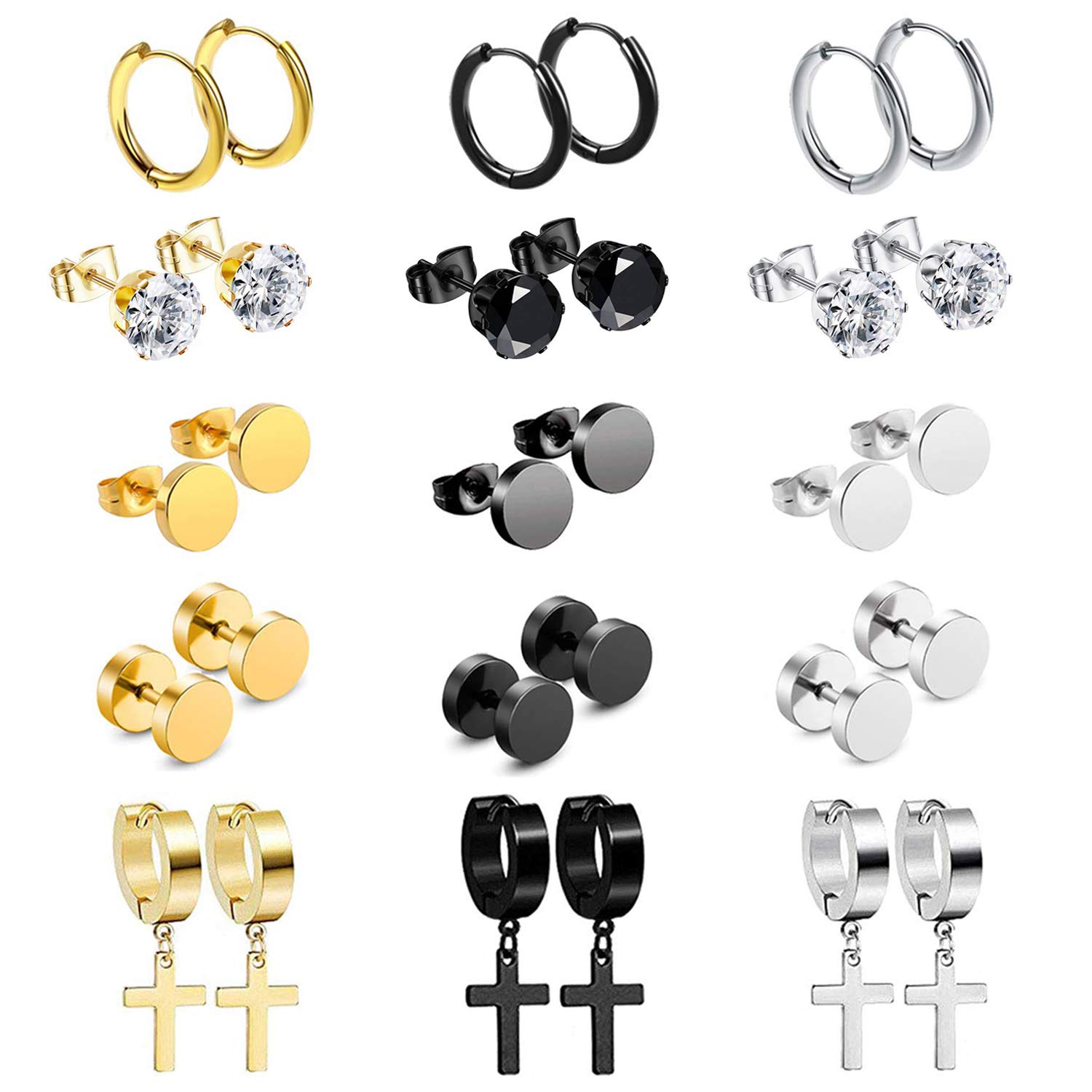 OIDEA 3/4/15/18 Pairs Stainless Steel Earrings Set for Men & Women - Cross, Dangle, Hoop, Stud Fashion Jewelry Kit - Perfect Gift for Piercing Lovers | Great for Parties, Dating, and Everyday Wear