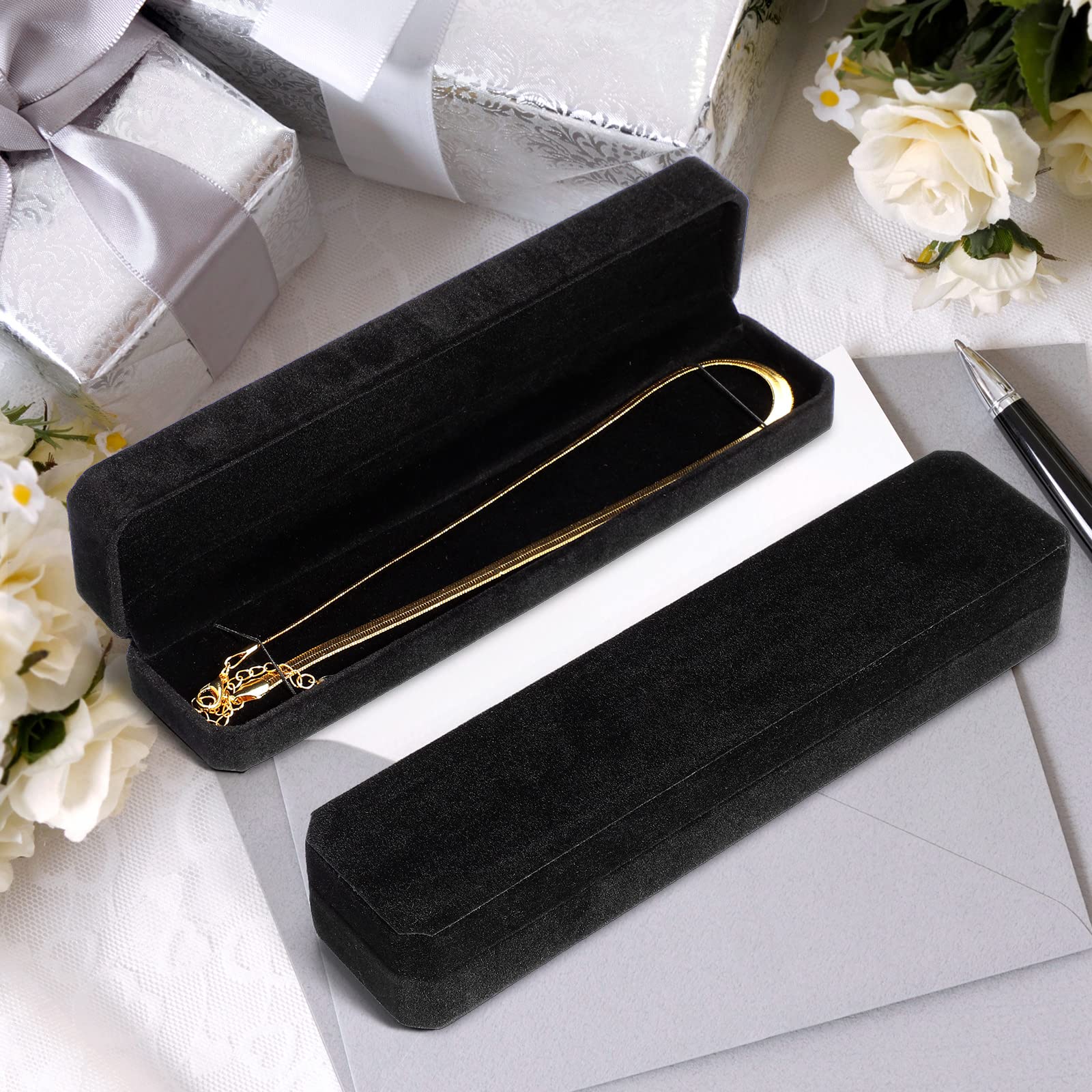 Batiyeer 24-Piece Velvet Jewelry Storage Box Set - Bulk Bracelet & Necklace Organizer Case with Travel Pouch (8.86 x 2.13 x 1.38 Inch, Black) for Wedding, Engagement, Valentines Gifts & Jewelry Display