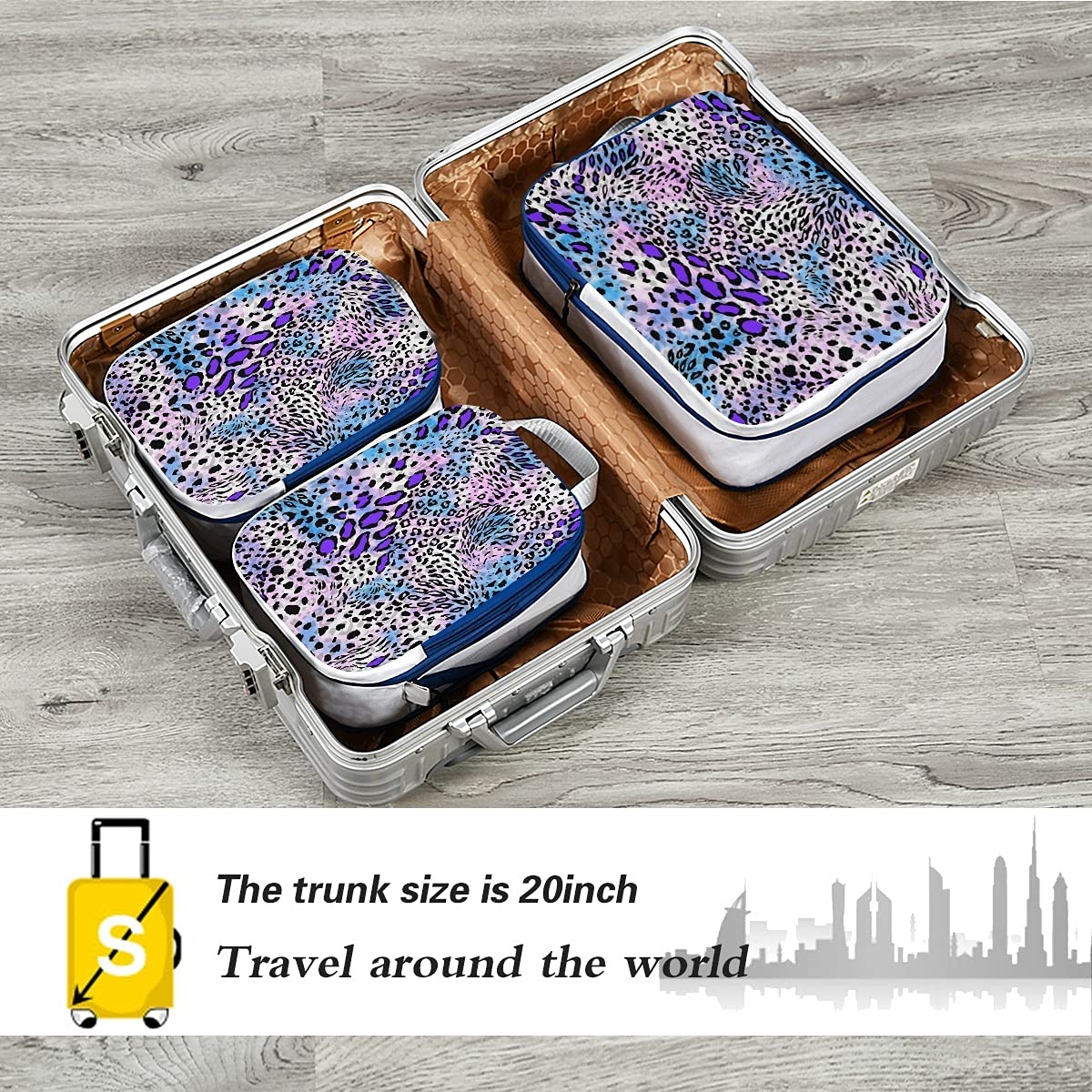 **MNSRUU Packing Cubes Set - 3 PCS Leopard Print & Purple/Blue Compression Travel Organizers for Luggage & Suitcases | Perfect for Business Trips, Vacations & Weekend Getaways**