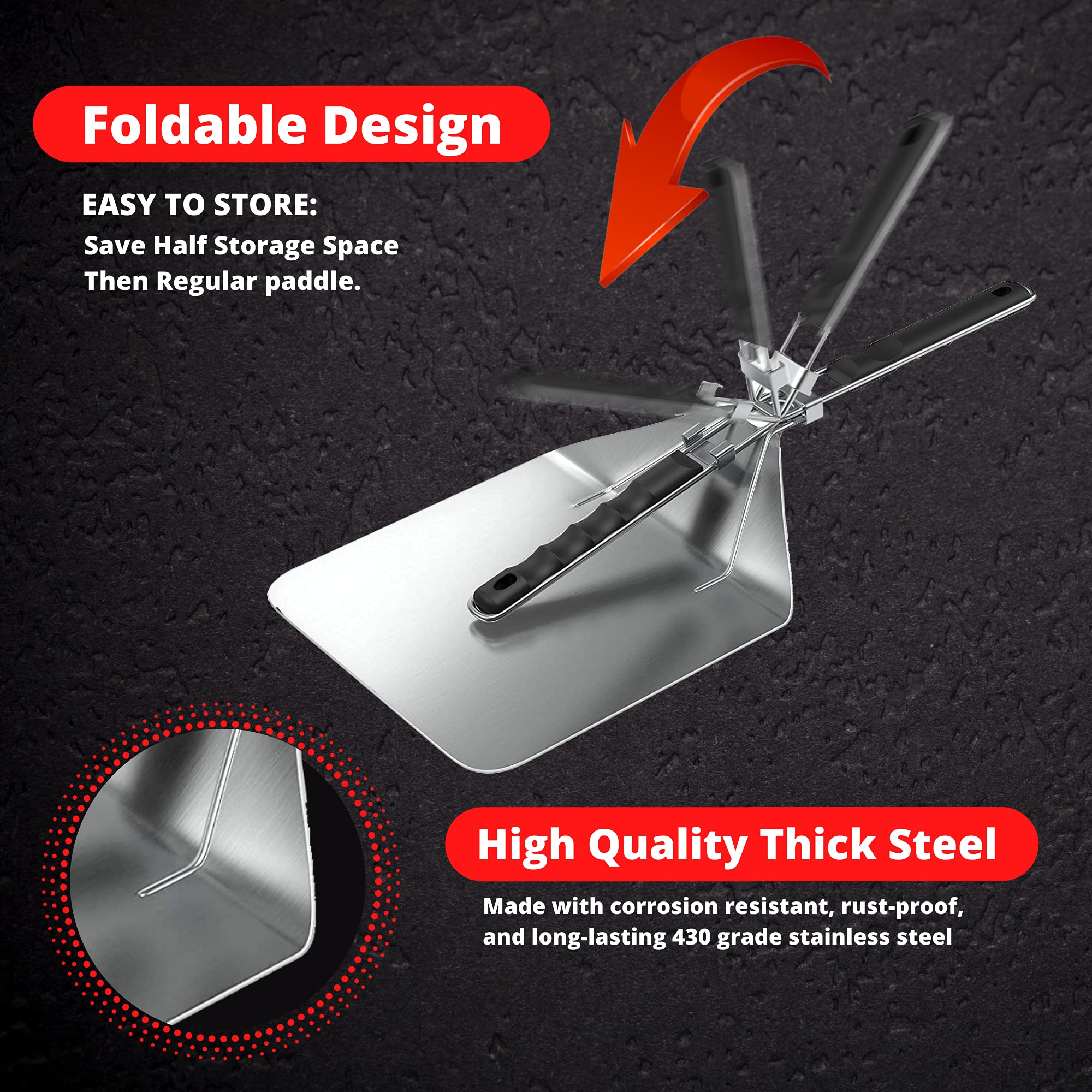 10 Inch Stainless Steel Pizza Peel - Professional Pizza Paddle with Ergonomic Handle & Reinforced Hinges for Wood Fired Oven, Outdoor Grill & Home Kitchen - Perfect for Baking, Serving & Transferring Pizzas