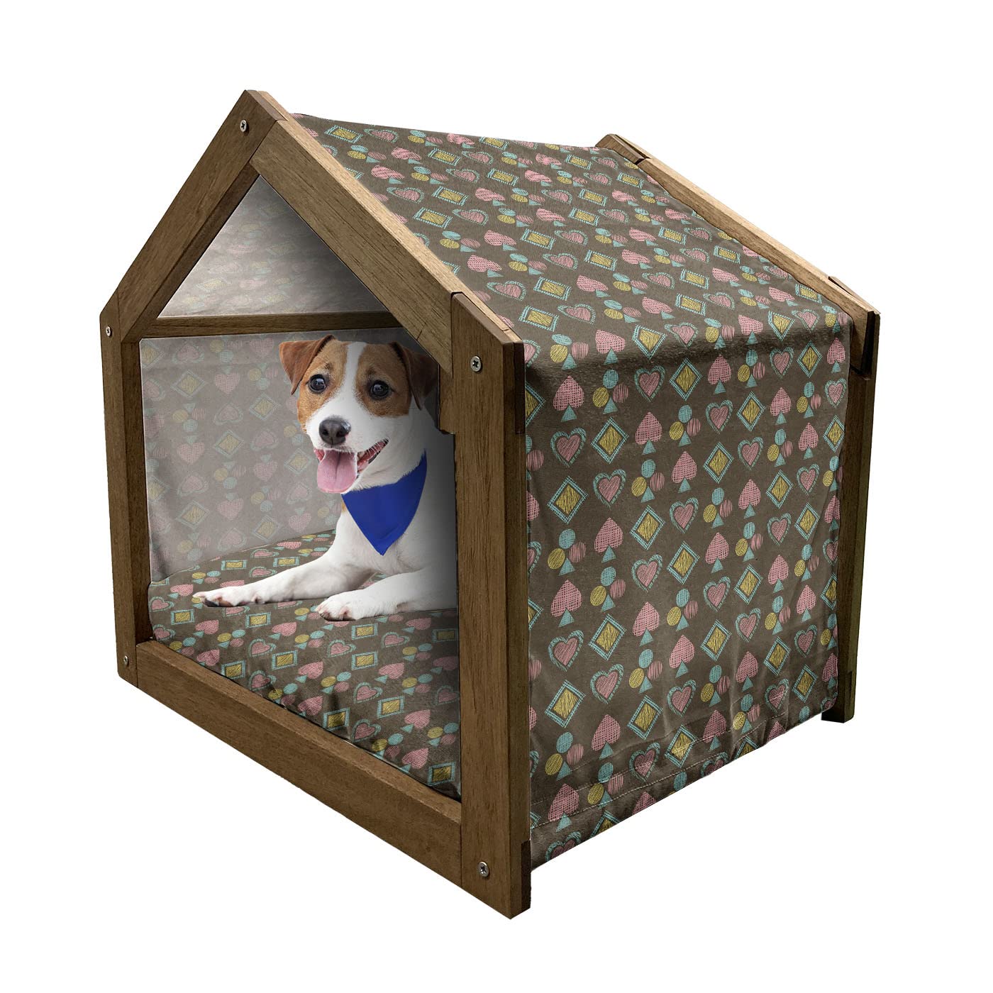 Ambesonne Wooden Dog House - Doodle Style Playing Card Design in Pale Pink & Blue with Grunge Effect - Indoor & Outdoor Portable Pet Kennel with Removable Pillow & Cover - Medium Size Multicolor Pet Bed - Perfect for Living Rooms, Patios & Backyards