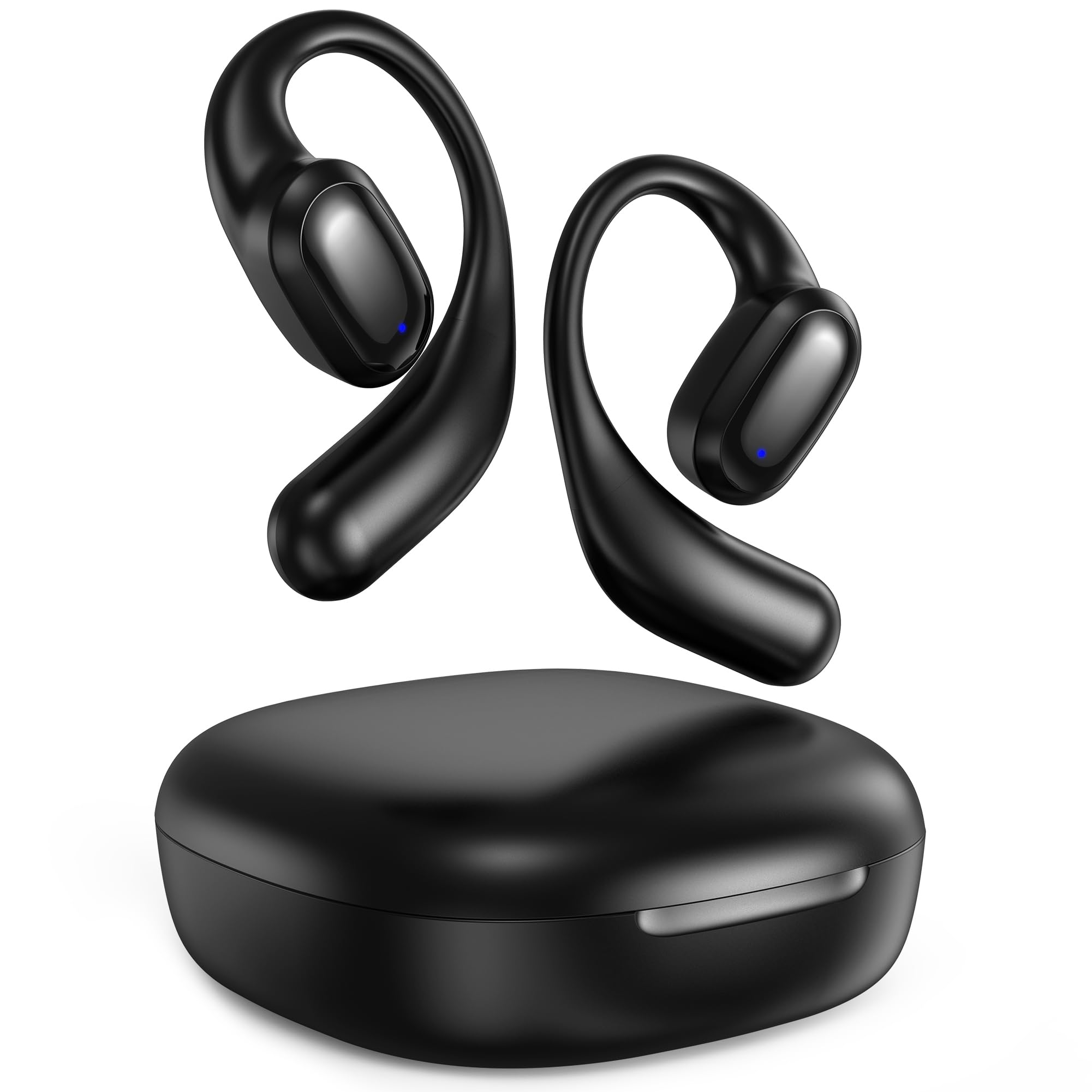 Open Ear Bluetooth Headphones 5.3 Wireless Earbuds with Earhooks - 60H Playtime, Fast Charge, Sweatproof Sport Earphones w/Digital Display Case for Running, Gym & Workout (Black)