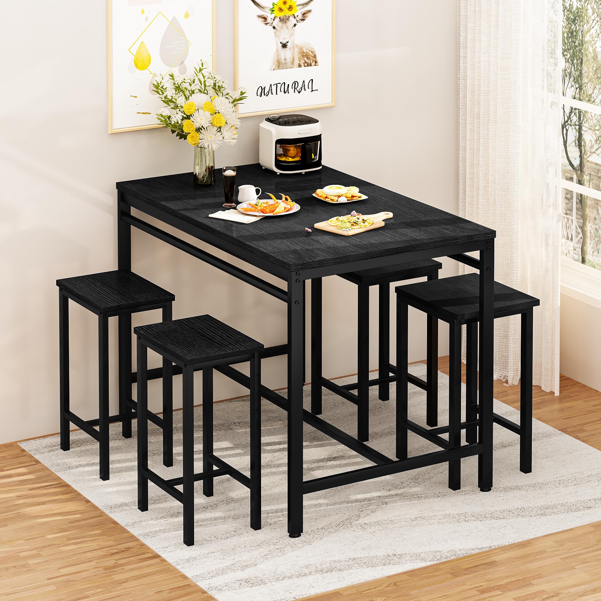 Modern 5-Piece Counter Height Dining Bar Table Set for 4 - Black Bar Table & 4 Stools for Small Spaces, Apartments, Pubs, Kitchen & Dining Room - Perfect for Entertaining, Breakfast Nooks & Compact Living Areas