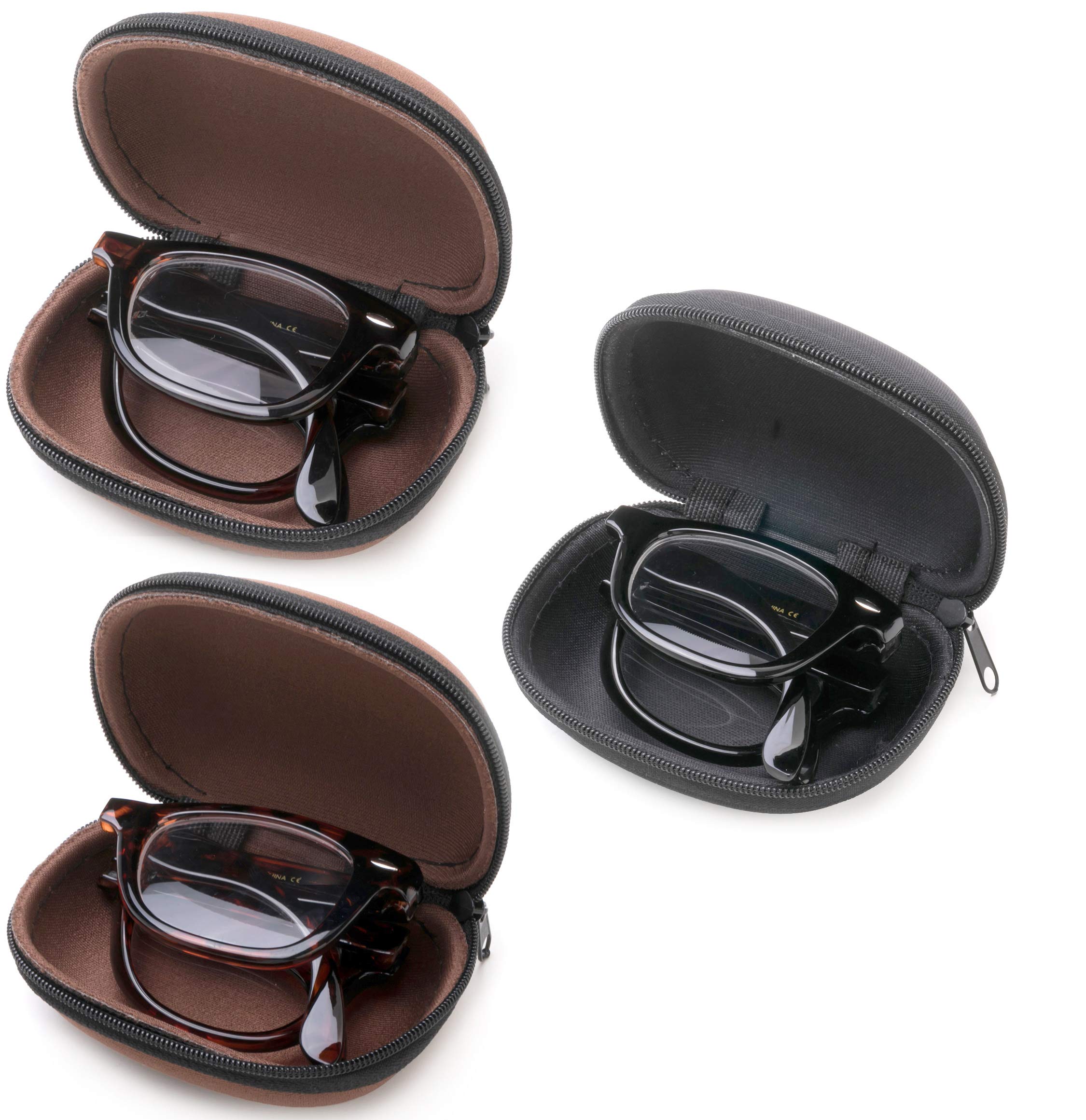 Newbee Fashion 3 Pack Folding Plastic Reading Glasses with Case - Unisex +2.50 Magnification for Men & Women - Lightweight Stylish Frames & Zippered Case - Perfect for Reading, Travel & Everyday Use