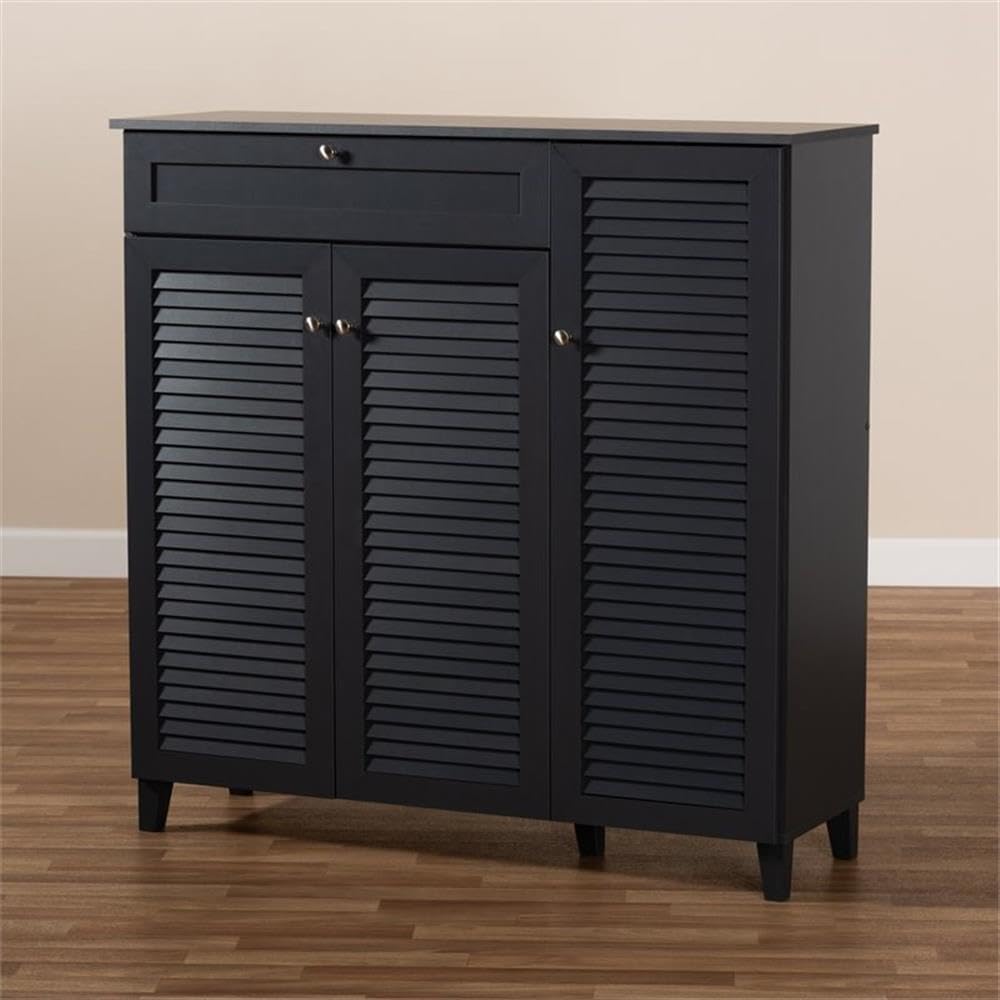 Baxton Studio Coolidge Modern 11-Shelf Shoe Storage Cabinet with Drawer - Dark Grey Wooden Organizer for Entryway, Bedroom & Closet Organization