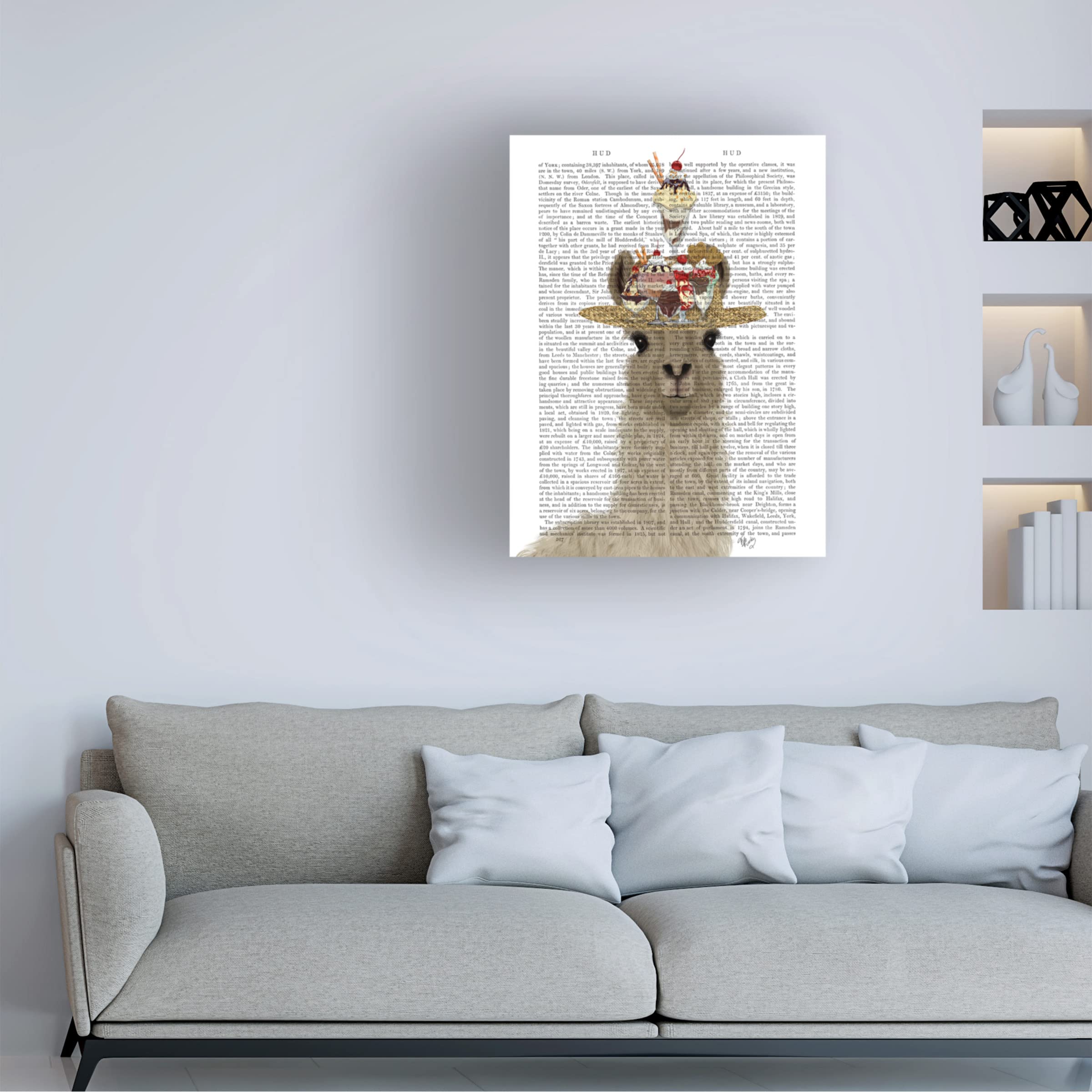 Trademark Fine Art 'Llama Ice Cream Hat Book Print' Canvas Wall Art by Fab Funky - Whimsical Home Decor for Living Room, Bedroom & Office