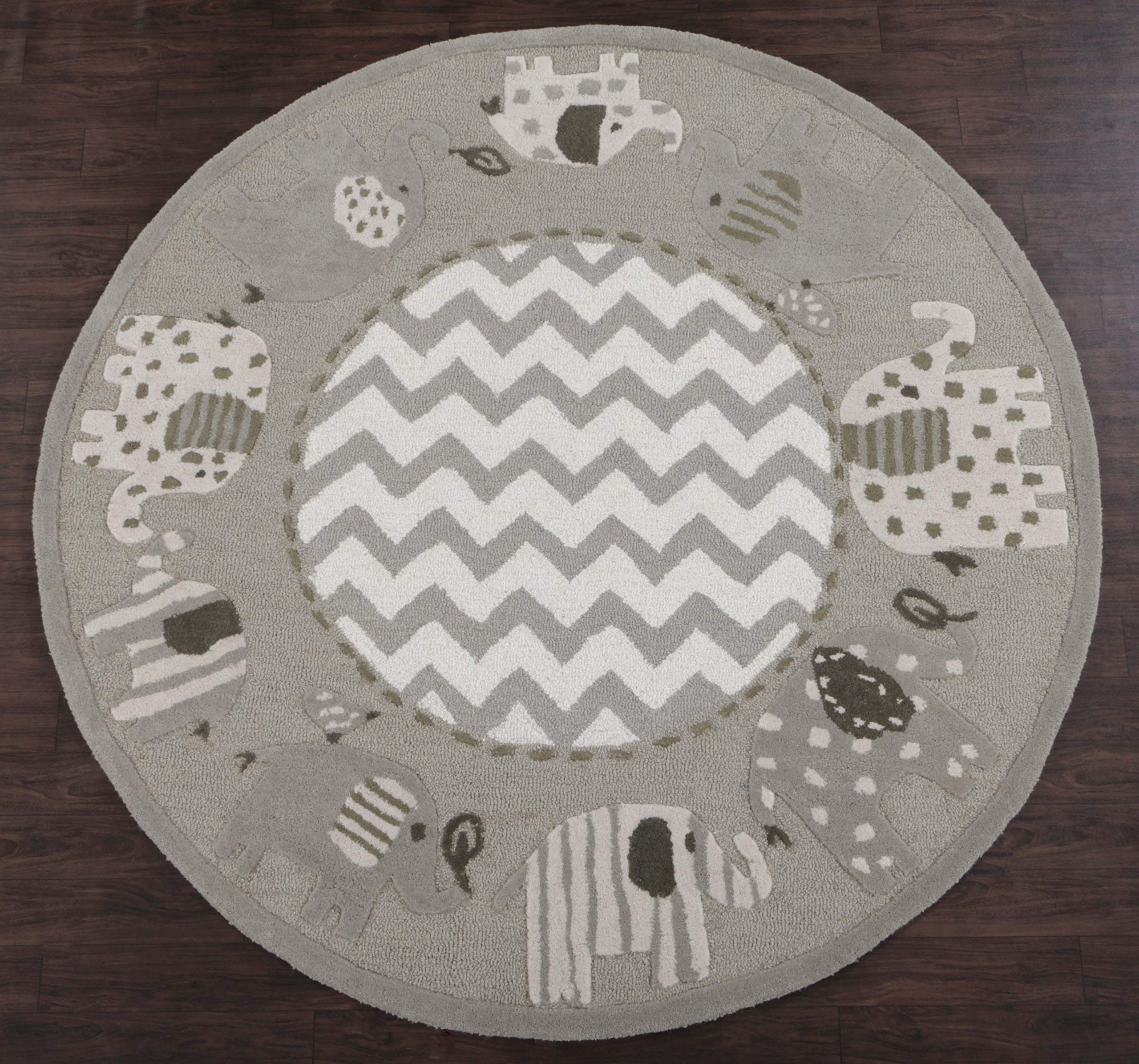 5'x5' Round Handmade Tufted Wool Rug with Ganesha Zigzag Design in Elephant Gray - Perfect for Kids' Room, Nursery, or Play Area Decor