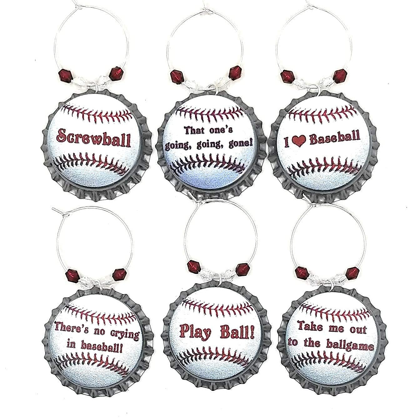 Baseball Wine Charms Set of 6 - Perfect Baseball Gifts for Dad, Softball Lovers & Wine Enthusiasts - Glass Tag Identifiers & Bottle Cap Wine Charms for Parties, BBQs & Special Occasions