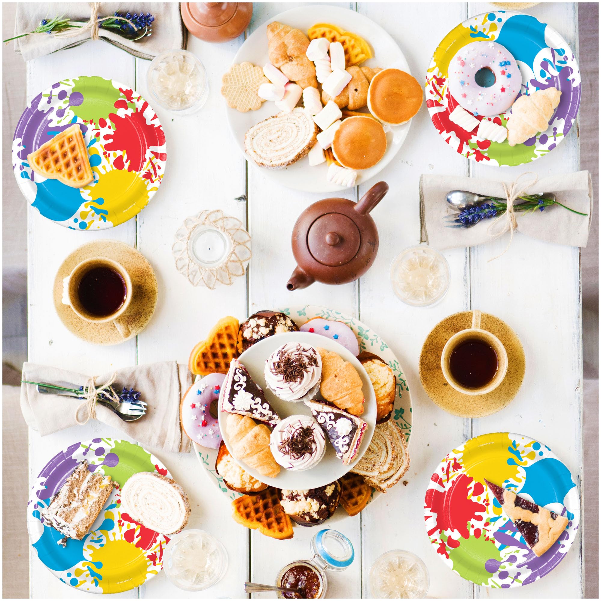 Colorful Artist Paint Splatter Party Supplies - 16 Dessert Plates, Lunch Napkins & Forks Set for Art Themed Birthday, Baby Shower & Creative Events