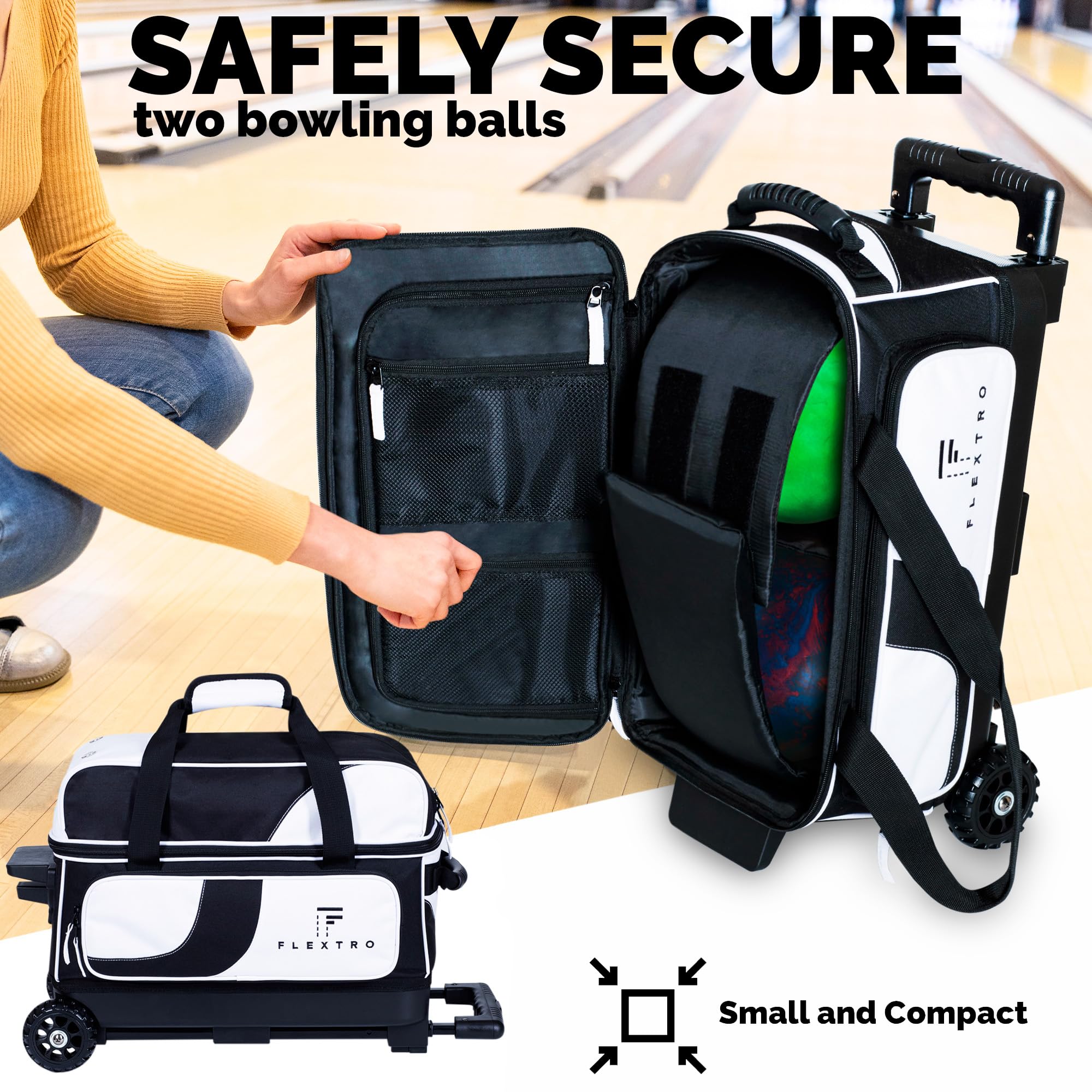 Flextro 2 Ball & Single Ball Bowling Bag Set with Wheels - Double Roller Trolley for Bowling Equipment & Shoes | Perfect for League Play & Tournament Travel