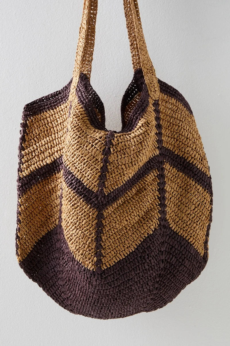 Mykonos Straw Tote Bag for Women - Handwoven Espresso Brown Beach Bag - Perfect for Summer Vacations, Pool Parties & Boho Chic Outfits