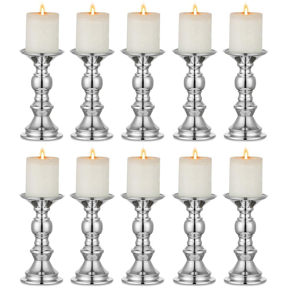 2/4/10 Pcs Gold Metal Pillar Candle Holders - Elegant Wedding Centerpieces & Candlestick Stands for Special Events, Parties, Home Decor and Romantic Dinner Table Settings (Silver, 10 Pcs)